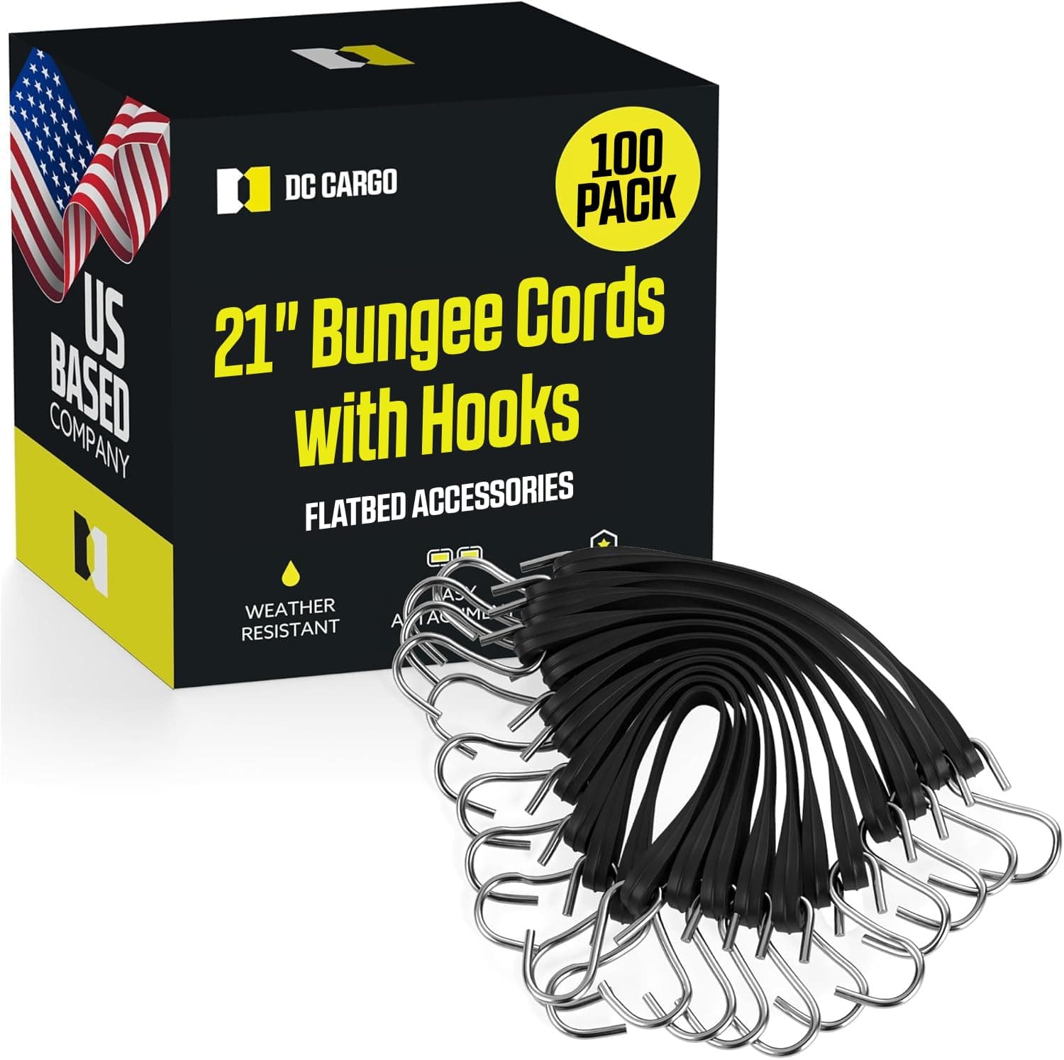 Pack of 50 Tarp Straps for Flatbed Trailers, 21" Long Natural Rubber Bungee Cord Tie-Downs Ideal for Securing Tarps, Canvases, Cargo in Cold Climates | Tie-Downs w/ Metal S-Hooks