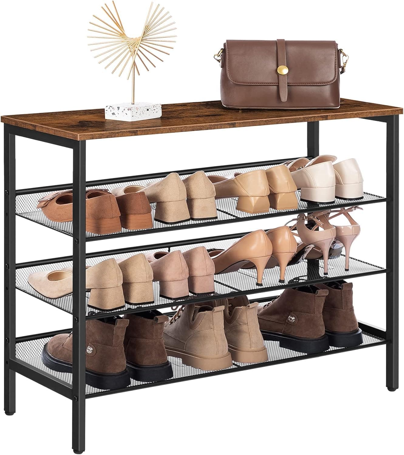 HOOBRO 4-Tier Shoe Rack, Shoe Storage Organizer with 3 Adjustable Mesh Shelves, Metal Frame, Industrial Shoe Rack for Entryway, Bedroom, Hallway, Rustic Brown and Black EUBF14XJ01