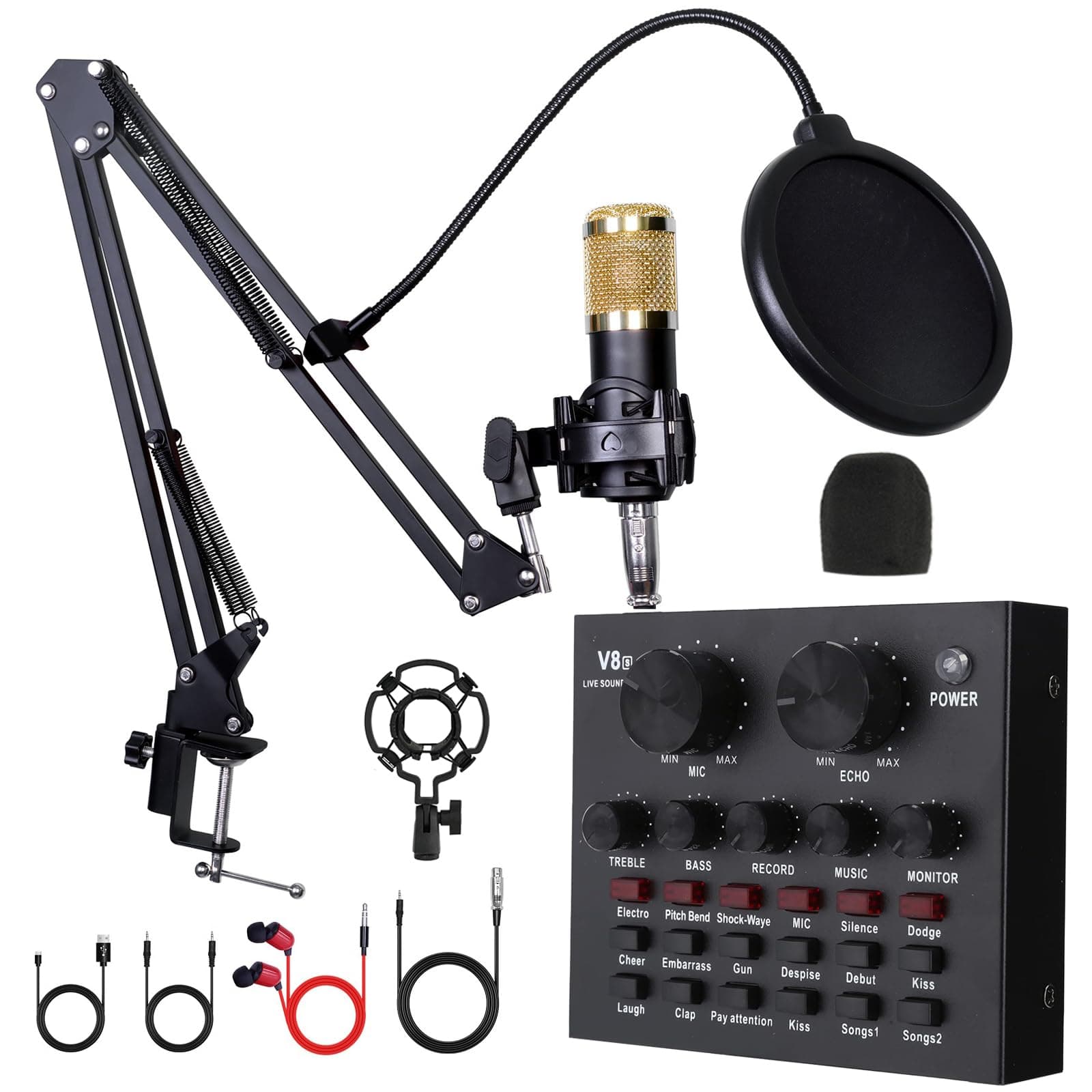 ALSO GO Podcast Equipment Bundle, BM-800 Podcast Microphone with Voice Changer, V8 Live Sound Card, Adjustable Microphone Stand, Recording Studio Package Suitable for Podcasting, Singing, Gaming
