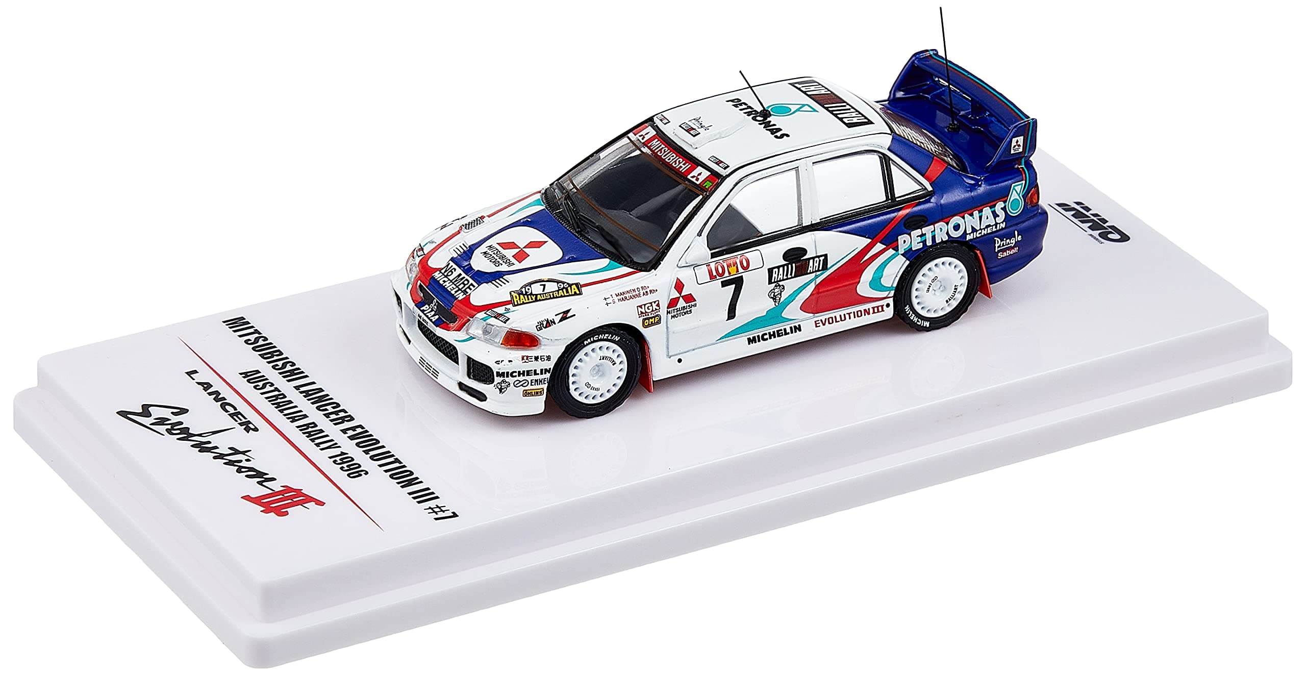 SolidoInno64 1/64 Scale Mitsubishi Lancer Evolution III 7 Australia Rally 1996 Car Dicast Model, Blue/White