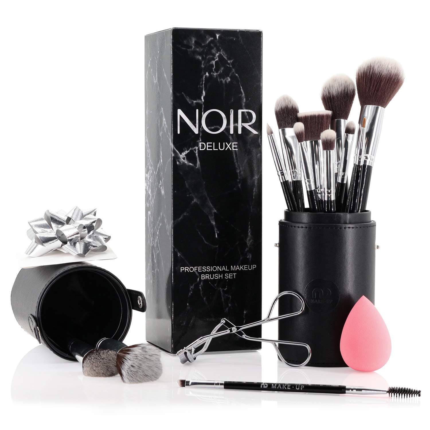 Noir Deluxe Make up Brush Set: Professional Make Up Brushes with Beauty Blender and Eyelash Curler in Makeup Brush Holder and Gift Box (Silver)