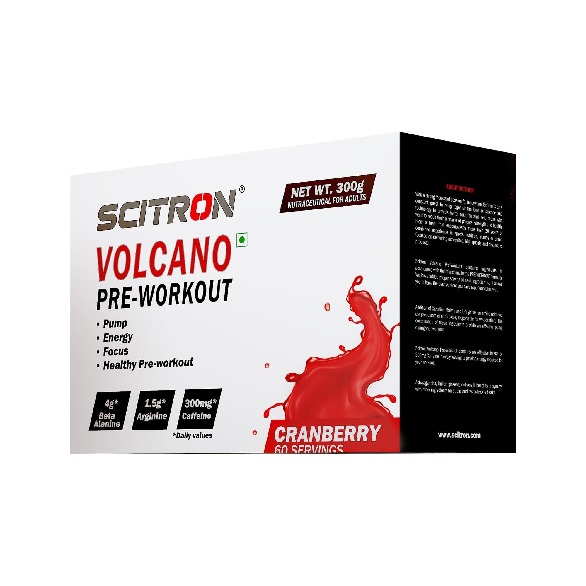 Scitron Volcano Pre Workout 300g - Cranberry (60 Servings | 4g Beta Alanine | 1.5g Arginine | 300mg Caffeine | 0g Sugar | Boost Energy & Focus| Healthy Pre-workout)