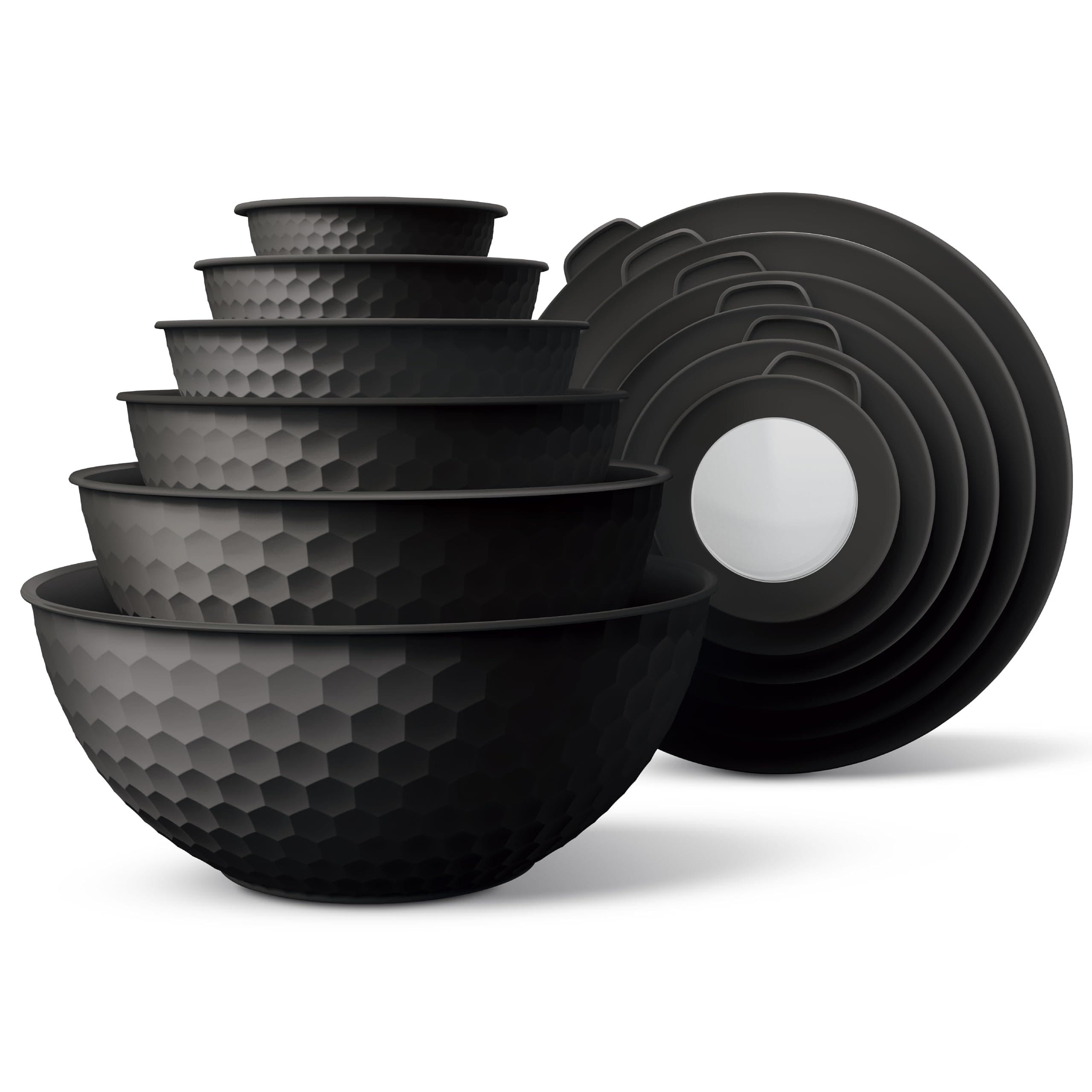 Mixing Bowls with Lids - 12 Piece Plastic Nesting Bowls Set includes 6 Prep Bowls and 6 Lids, Microwave Safe Mixing Bowl Set, Black Embossed