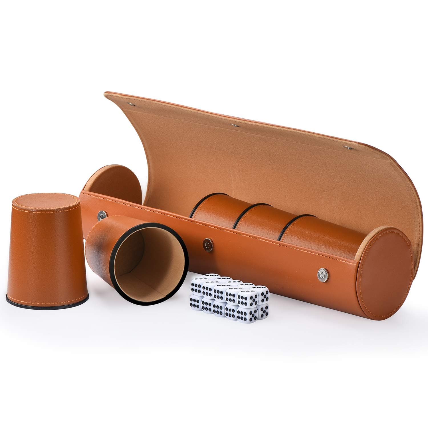 ImnBest Party Games Leather Dice Cup Set, 5 Leather Dice Cups + 25 Dice + Exclusive Storage and Transport Case Made of Faux Leather with Magnetic Closure
