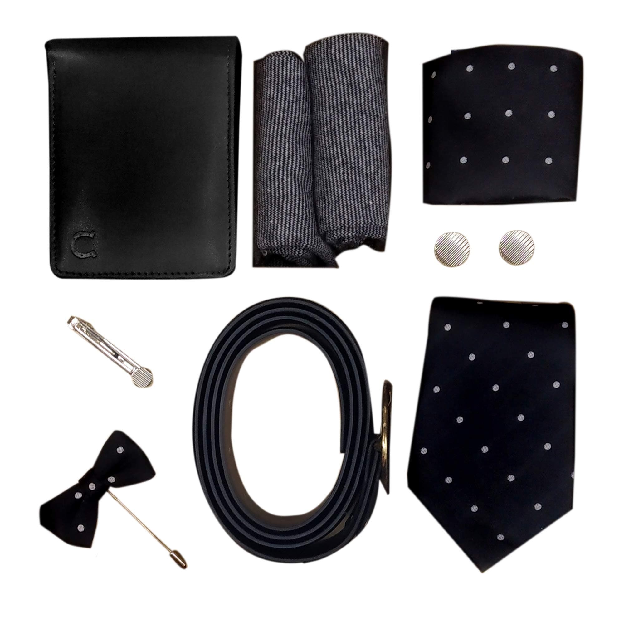 BLACKSMITHBlack Polka Dot Tie, Cufflink, Pocket Square, Socks, Brouches Lapel Pin, Tie Clip, Belt, Wallet, Set for Men Wedding And Marriage Groom Accessories For Blazer Suit
