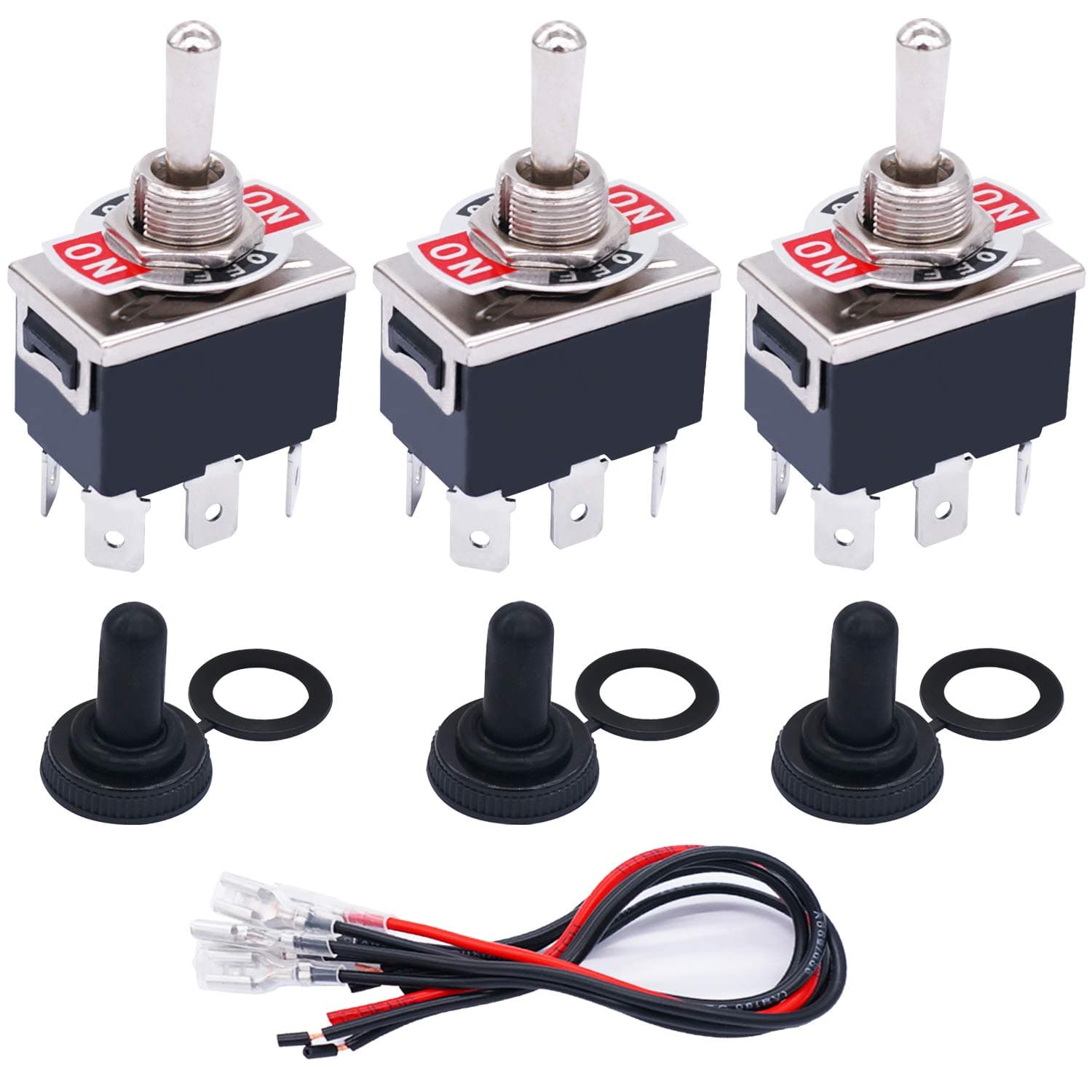 TWTADE 3 Pcs Momentary Heavy Duty Rocker Toggle Switch 6 Pin 3 Position (ON)-Off-(ON) DPDT 16A 250VAC Spade Terminal Metal Bat Switch with Waterproof Boat Cap and 6.3mm Terminal Wires TEN-223MZX-B223