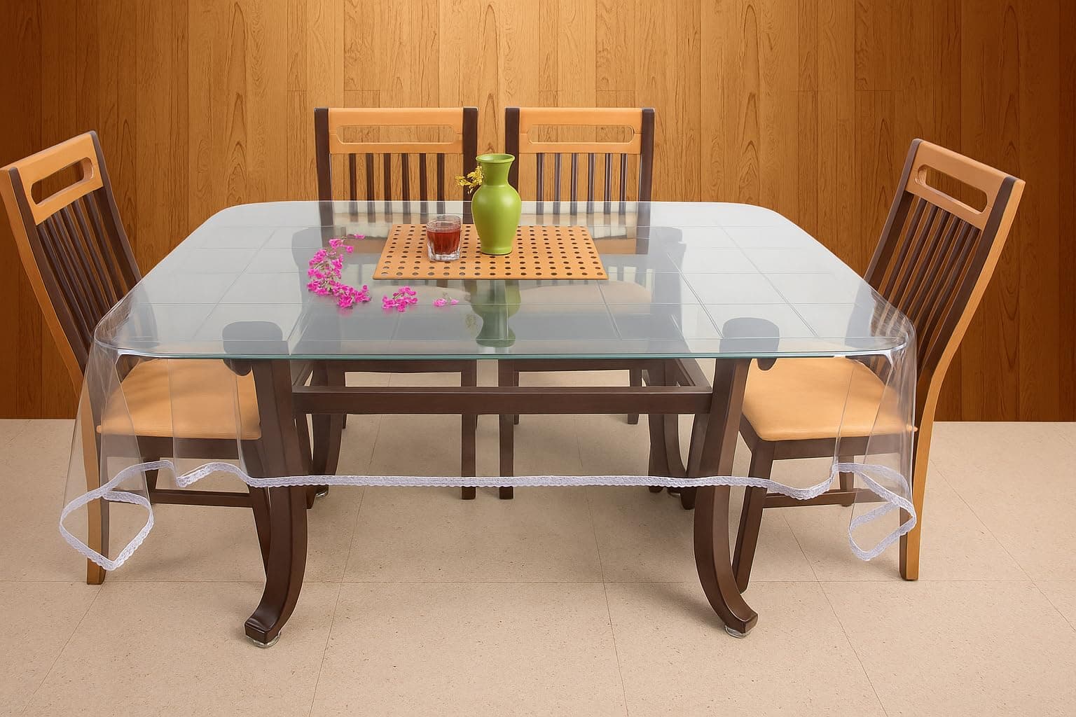 STITCHNEST PVC Transparent 6 Seater Dining Table Cover with Silver Lace, (54x78 Inches)