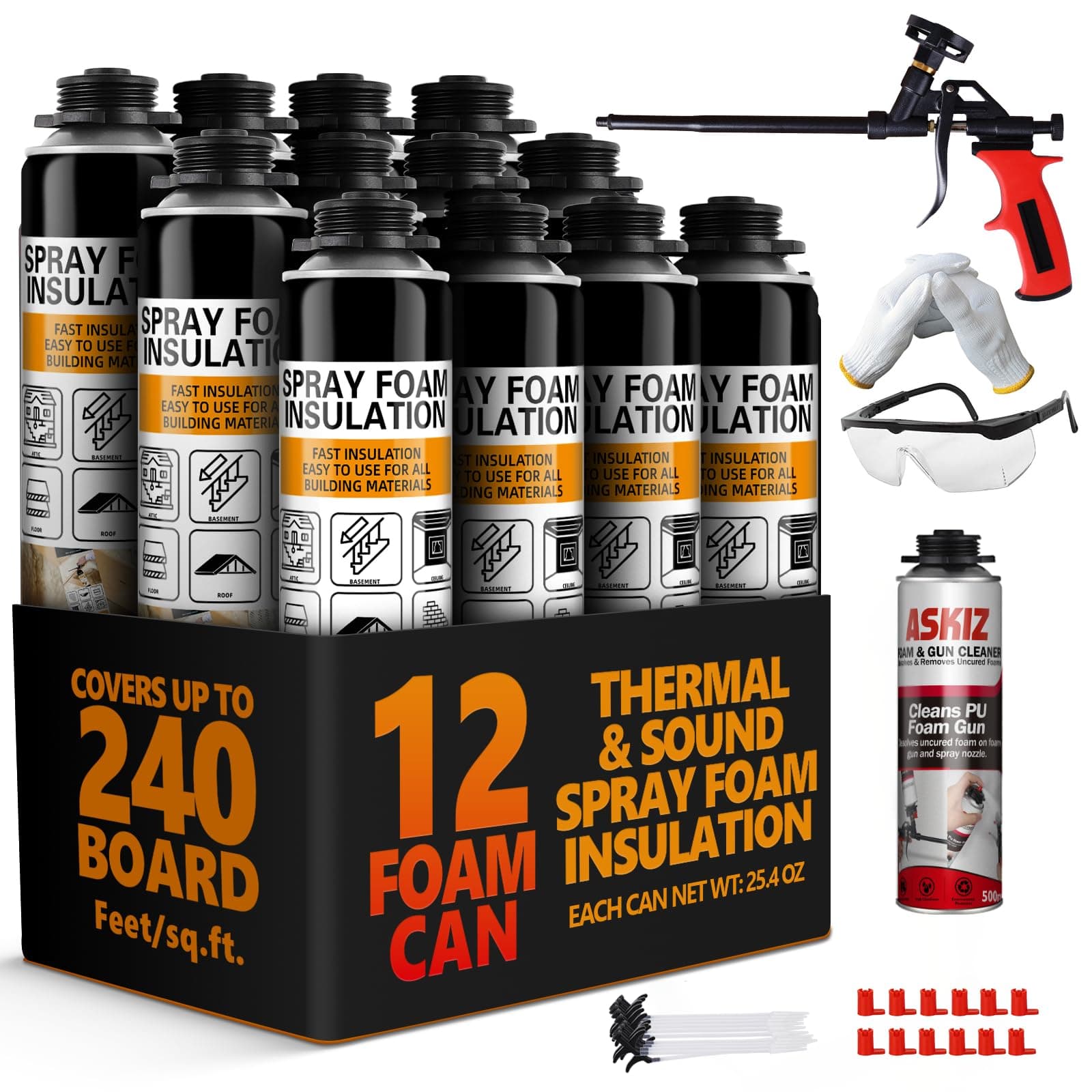 Spray Foam Insulation - Closed Cell Insulation Spray Foam 25.4 oz. Wall & Attic Acoustic Foam Spray, Covers Up to 240 Sq.Ft, includes Application Gun, 12 Pack