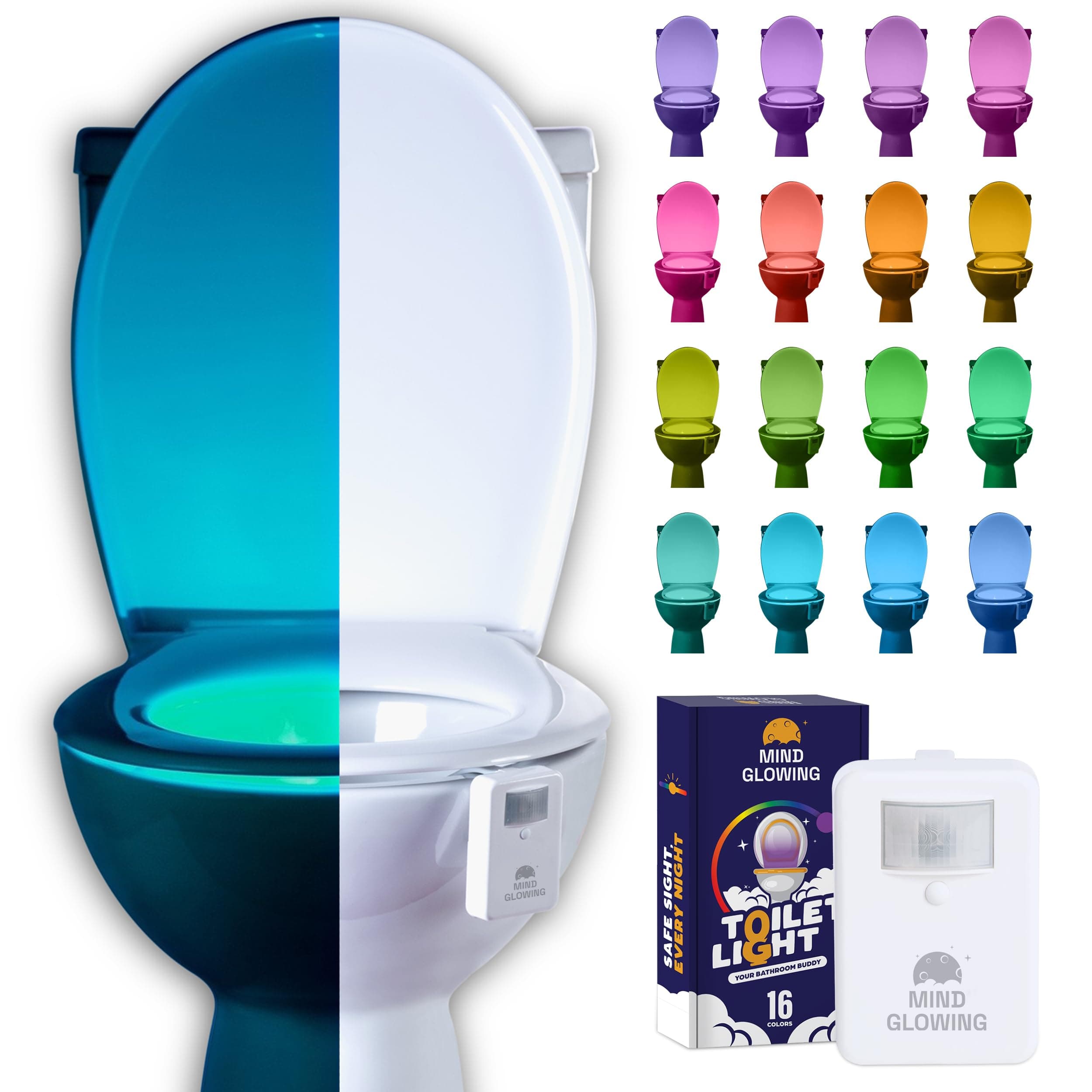 Mind-Glowing Toilet Light with Motion Sensor - Toilet Bowl Night Light with 16 Color Changing LED and Dimmer - Cool Kids Bathroom Accessories - Funny White Elephant Gift - Christmas Gag Gifts for Men