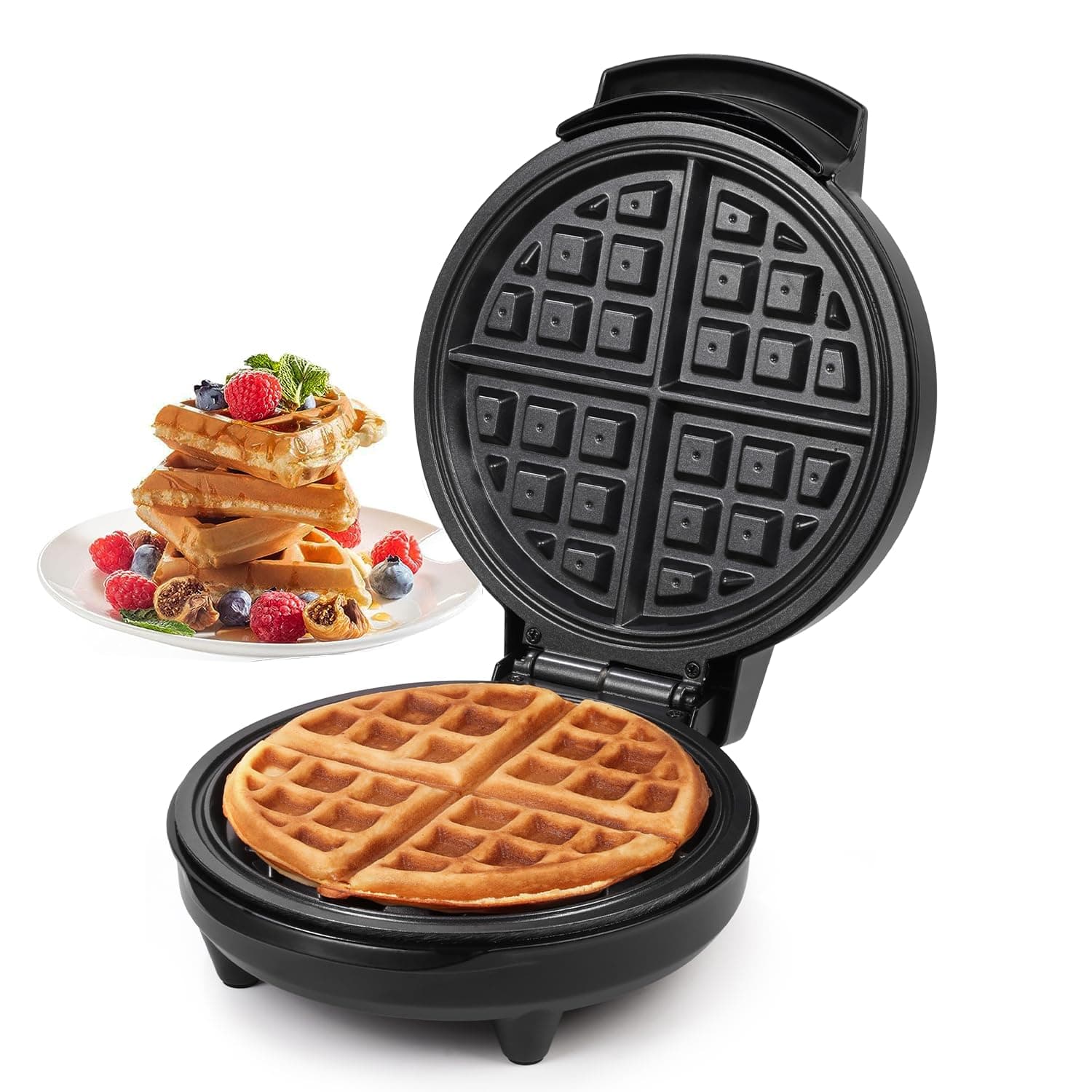 Classic 8” Waffle Maker Machine- 700 Watts | Stainless Steel Non-Stick Cooking Plates & Cool Touch Handle | Belgian Round Electric Iron | Indicator Light & Easy to use- Matte Black