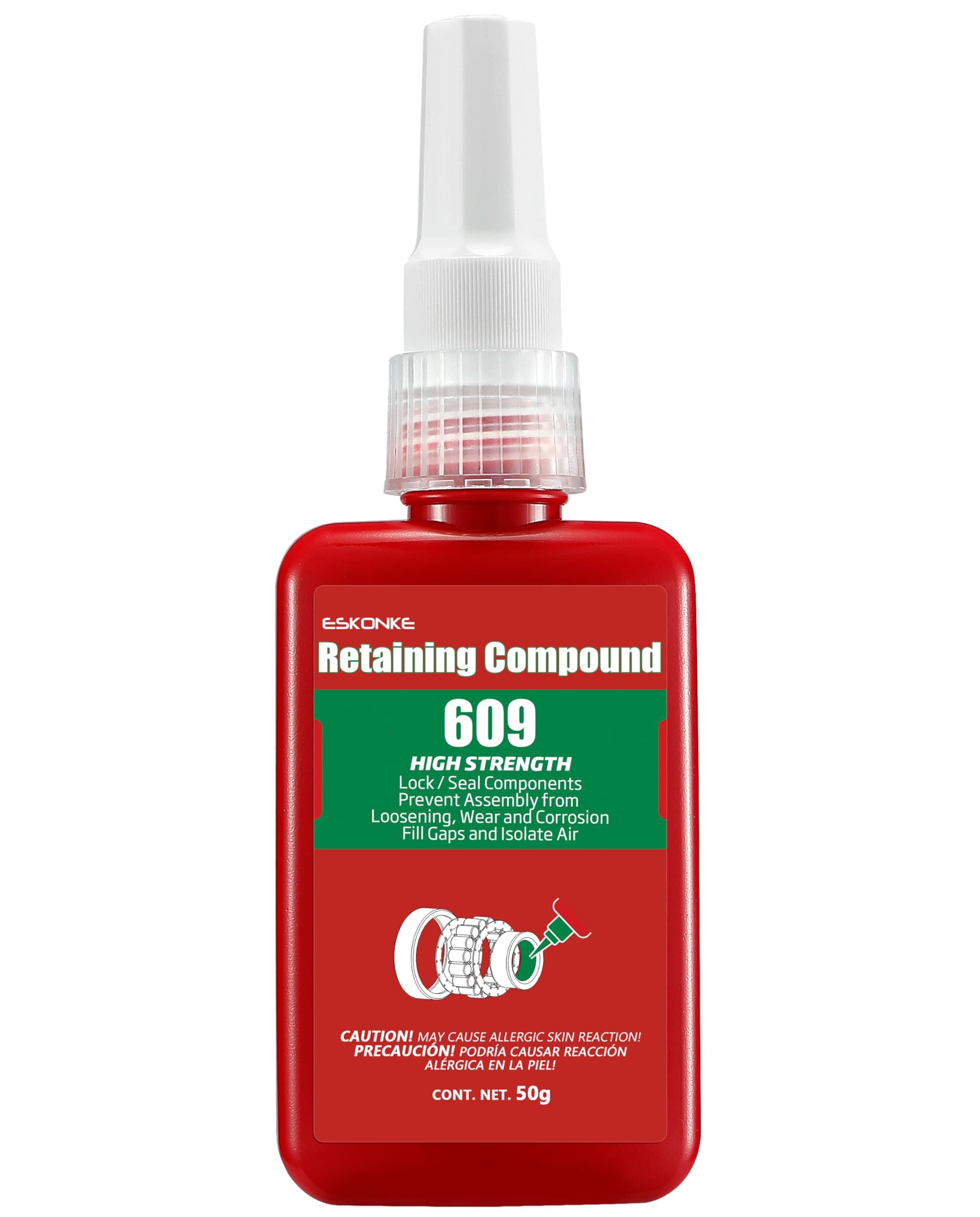Retaining Compound Green 609 Sleeve Retainer High Strength Cylindrical Metal Components Assemblies Locking and Sealing Anaerobic Glue 1.69 Oz/50 ml