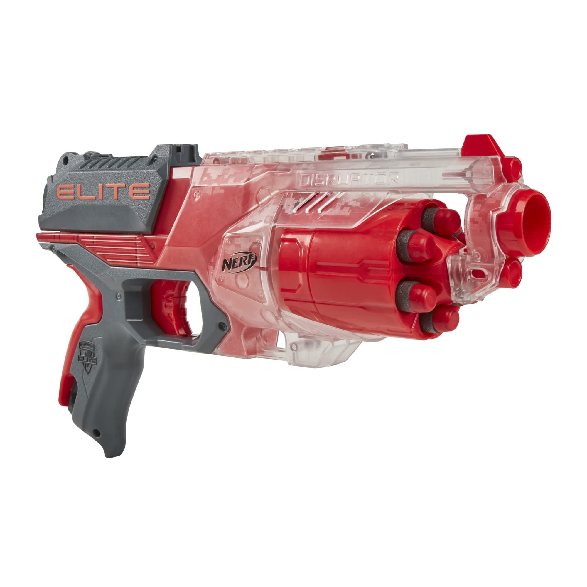 Nerf Elite Disrupter Blaster, 6-Dart Rotating Drum, 6 Nerf Elite Darts, Slam Fire, Translucent Red