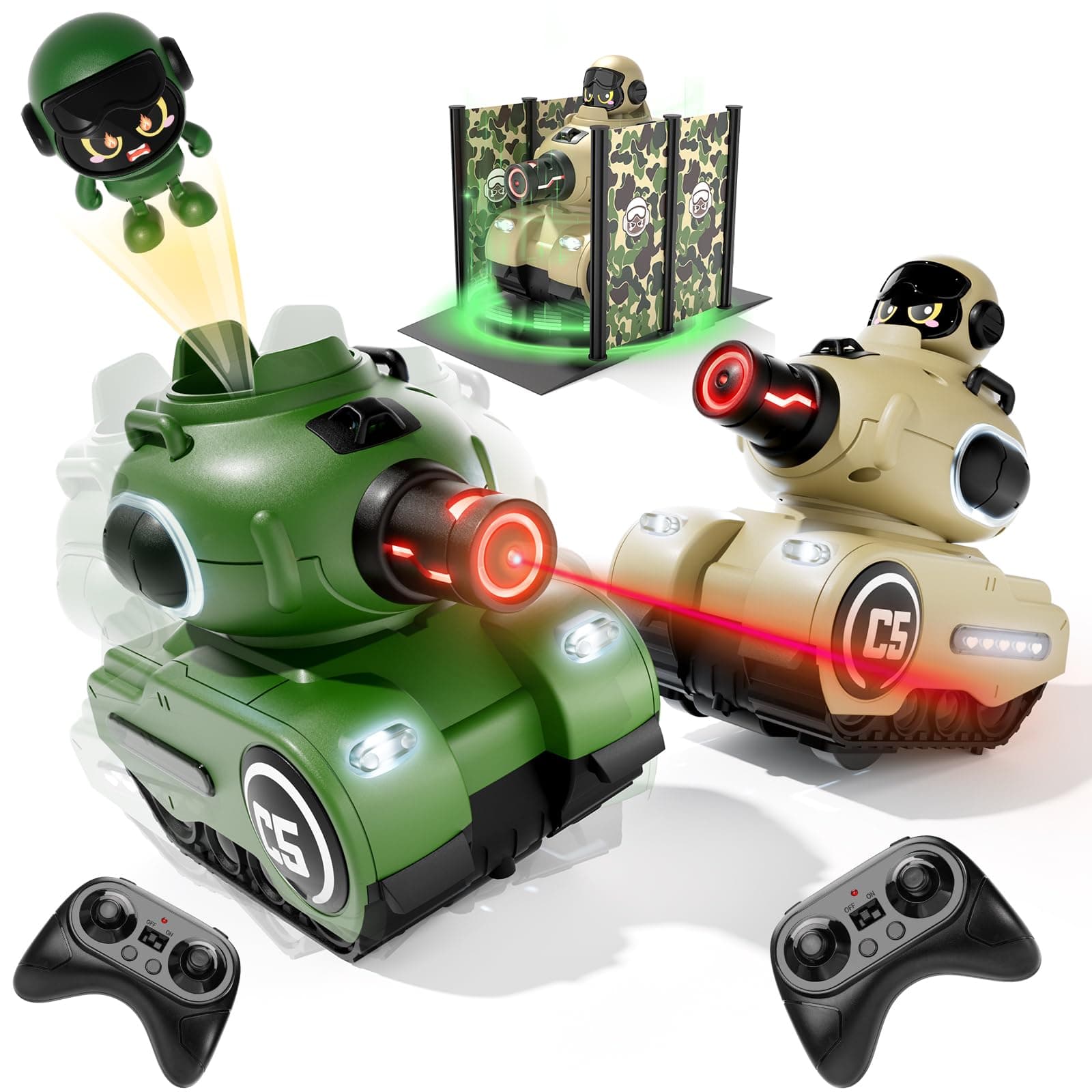 bessome 2 Pack Cute Cartoon Remote Control Battle Tanks with Laser tag|Hobby RC Cars Shoot to Ejected Out|Military Army Toys for 6 7 8 Year Old Boys Girls | Christmas Birthday Easter Gifts for 8-12