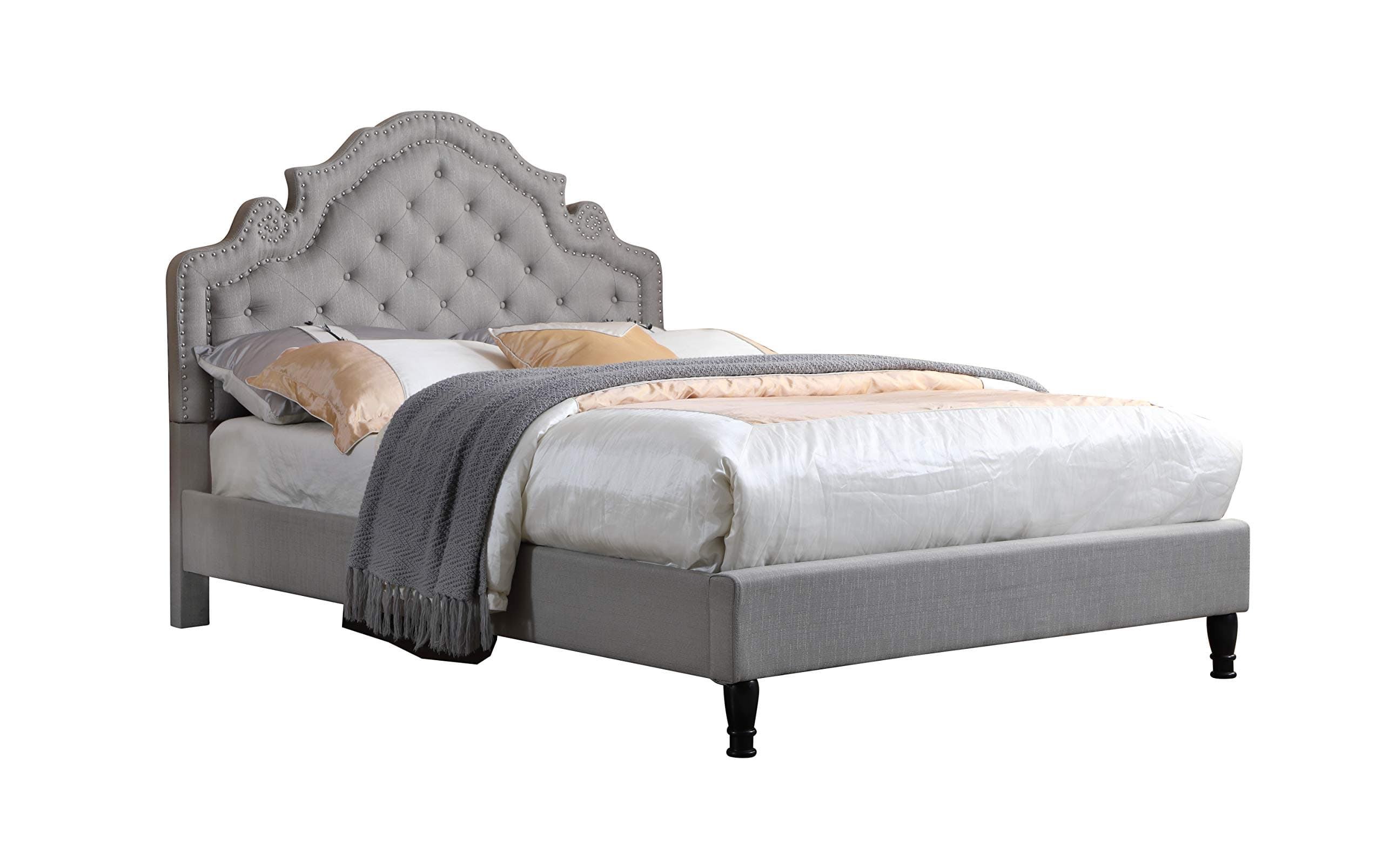 HomeLife Premiere Classics 51" Tall Platform Bed with Cloth Headboard and Slats - King (Light Grey Linen)