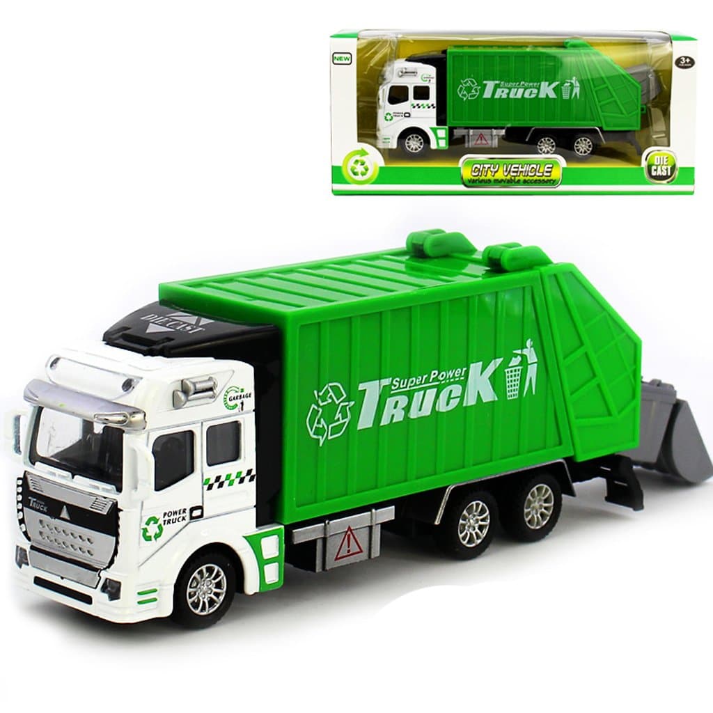 Metal Garbage Truck Toy with Pullback Friction Powered Action and Openable Back Door Plus Loading Rubbish Bin for Kids