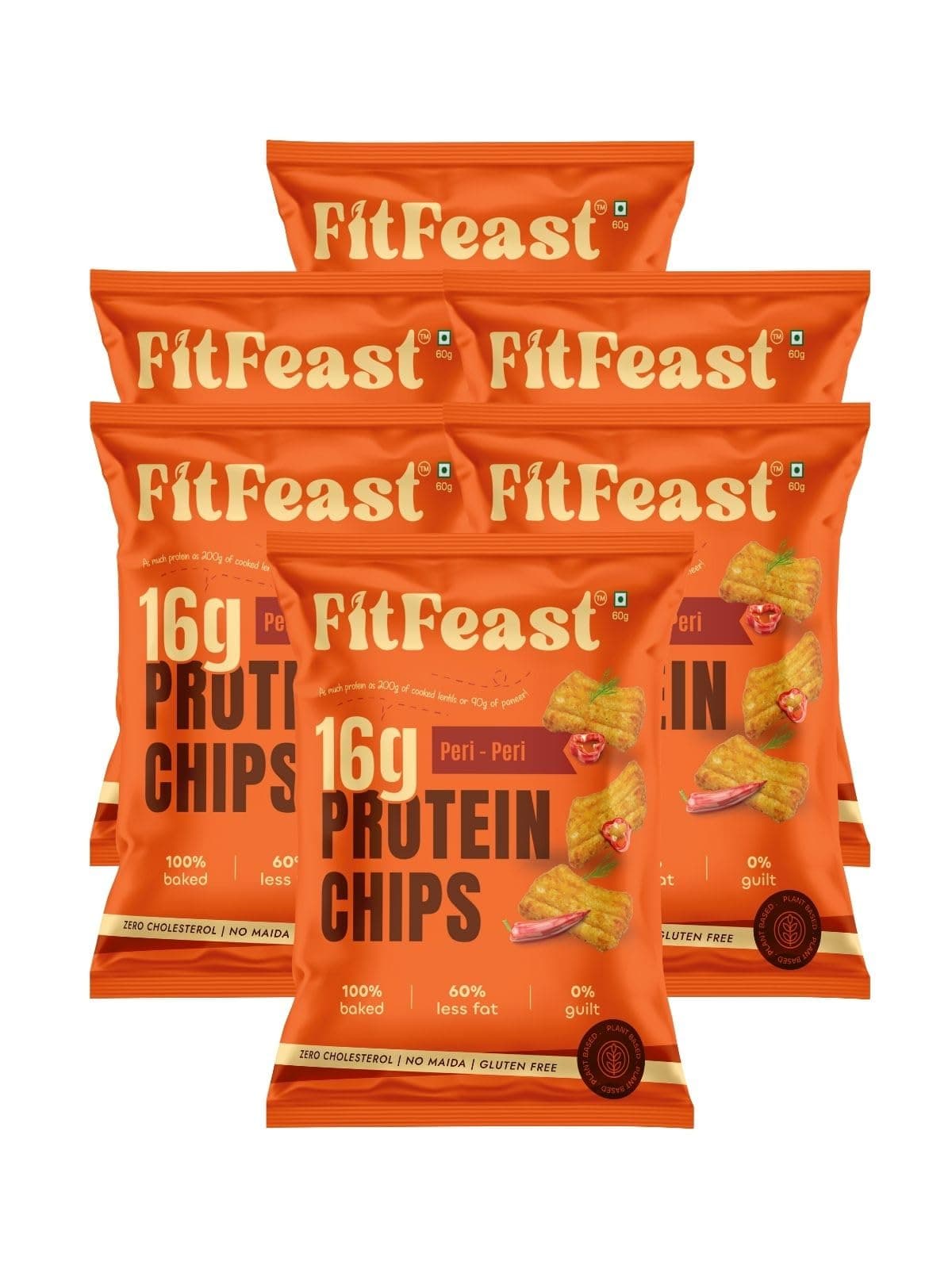FitFeast Protein Chips - Peri Peri Flavour | Pack of 6 x 60 g Each | 16g Plant Protein Per Pack | Baked Chips, Not Fried | Multigrain Healthy Snacks | As Seen on Shark Tank