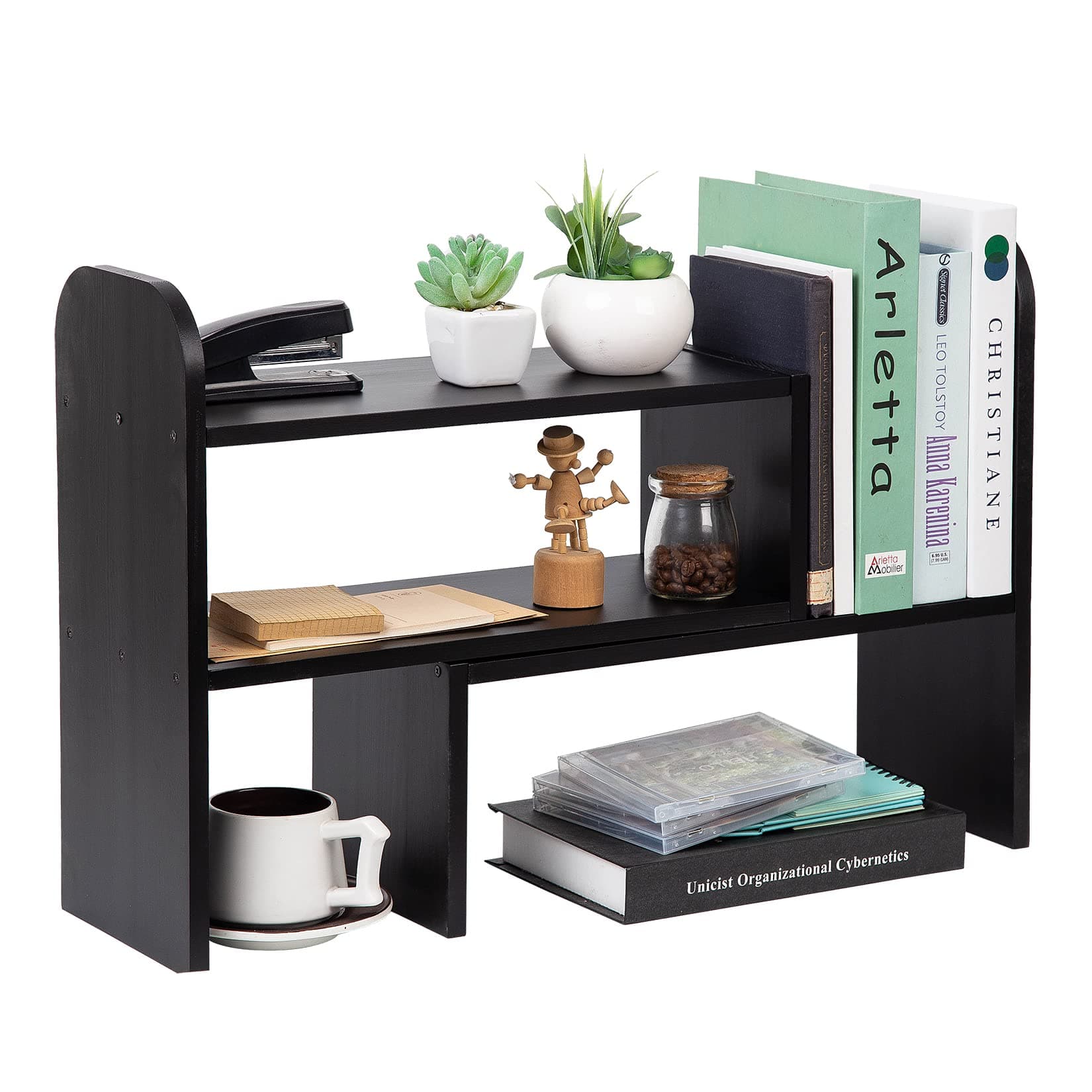 VERGOODR Desktop Adjustable Natural Wood Book Shelf Organizer Office Storage Rack Display Stand Caddy Set Expandable Desk Organizer (Black)