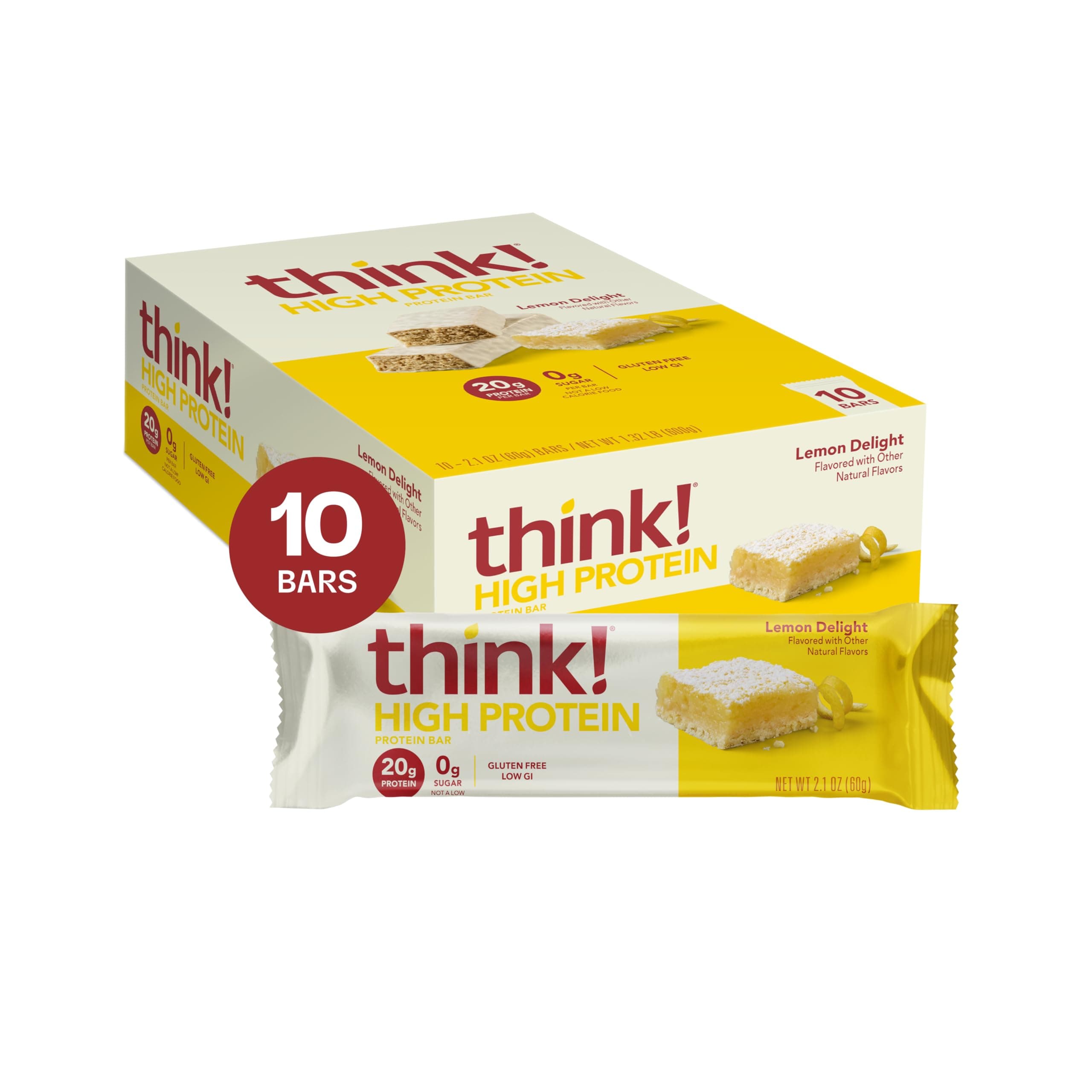 - think! Protein Bars, High Protein Snacks, Gluten Free, Kosher Friendly, Lemon Delight, Nutrition Bars, 2.1 Oz per Bar, 10 Count (Packaging May Vary)