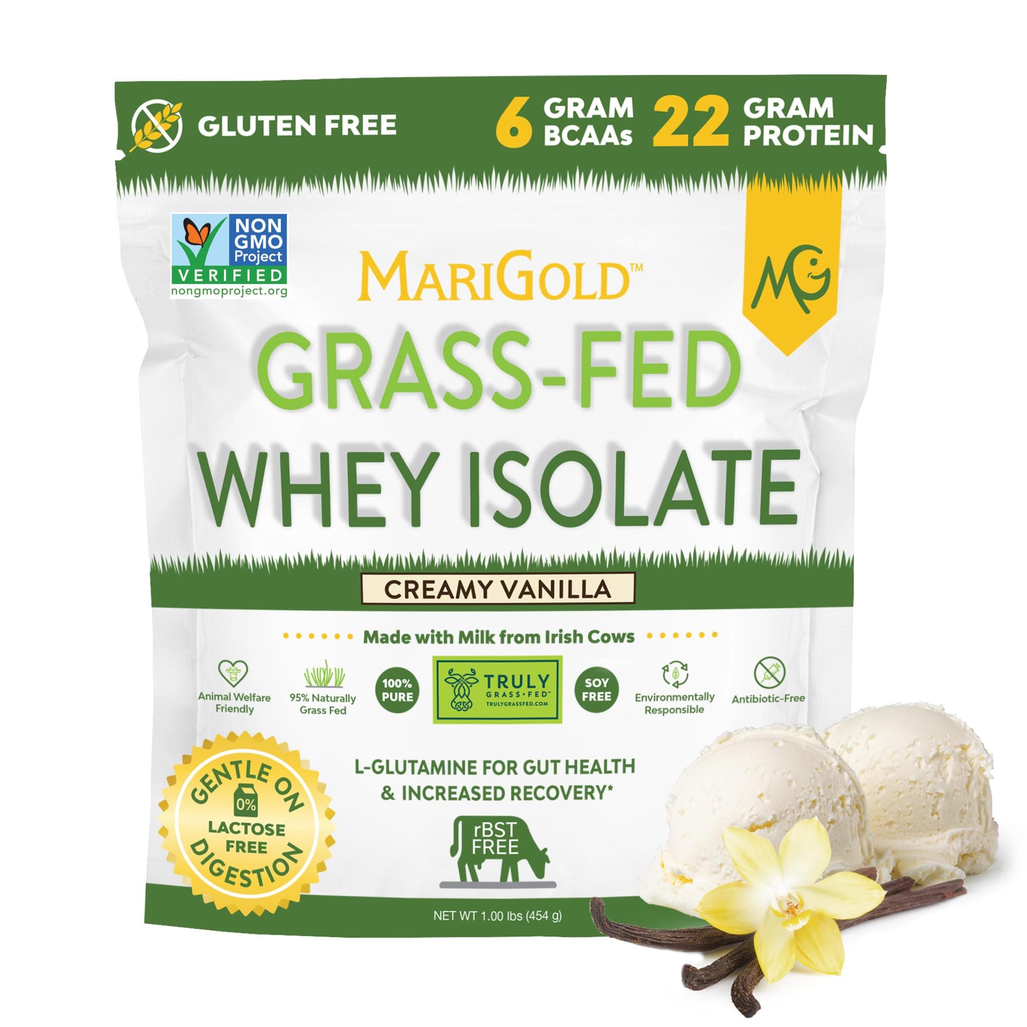 Grass-fed Whey Protein Isolate Powder - Creamy Vanilla Flavor - 1 Lb Bag | 100% Pure, Cold-Processed, Micro-Filtered, Undenatured, Non-GMO, rBGH Free, Soy Free, Gluten Free, Lactose Free