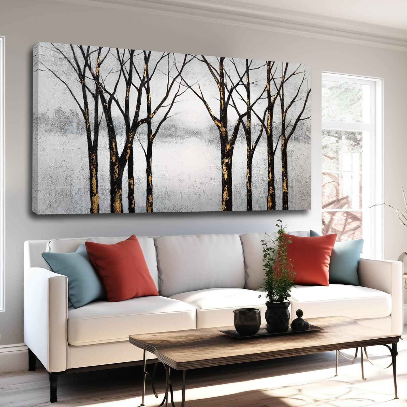 Black Wall Pictures Tree Wall Art Canvas Wall Decoration Large Home Decor White Poster Art Gold Office Artwork 29"x58"