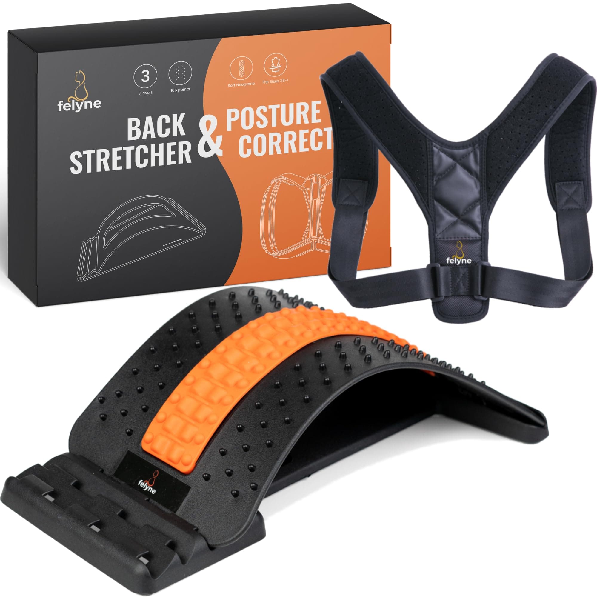 Felyne Back Stretcher & Posture Corrector for Pain Relief, Multi-Level Back Cracker with Massage Points, Spine Shoulder Lower Upper Back Support