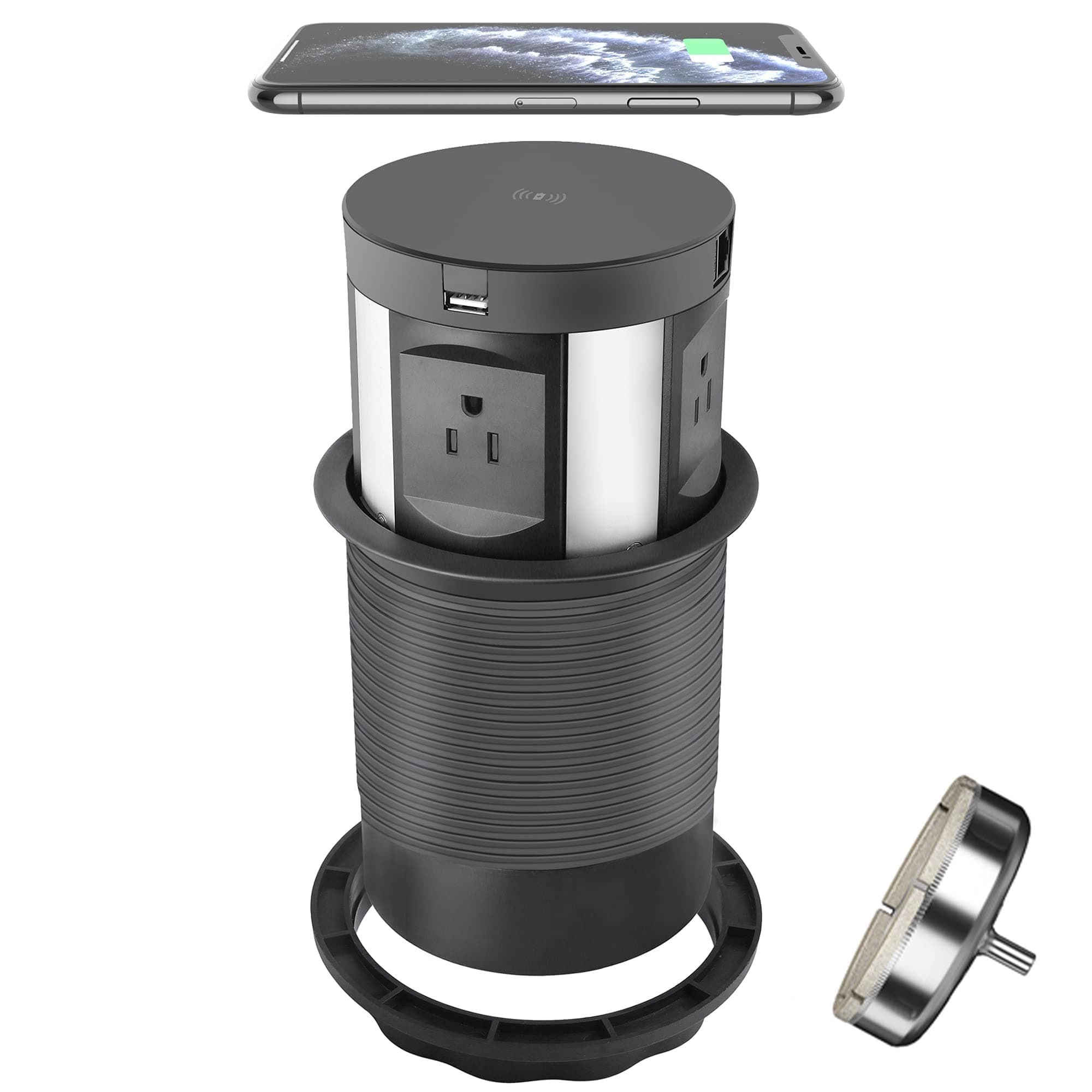 Automatic Pop up Power Outlet with Wireless Charger,Countertop Outlet Pop up for Granite,Space Saver Pop up Counter Outlet,2 USB Port,Recessed Power Socket with RJ45 Cat6 Data Port and HDMI Port