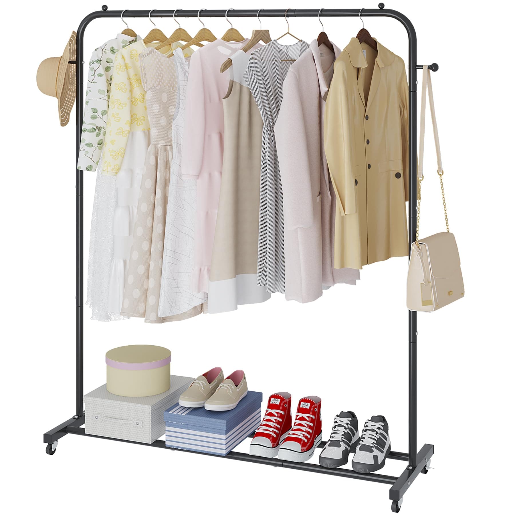 Boeeoan Freestanding Simple Single Pole Clothes Rack With Wheels, Black
