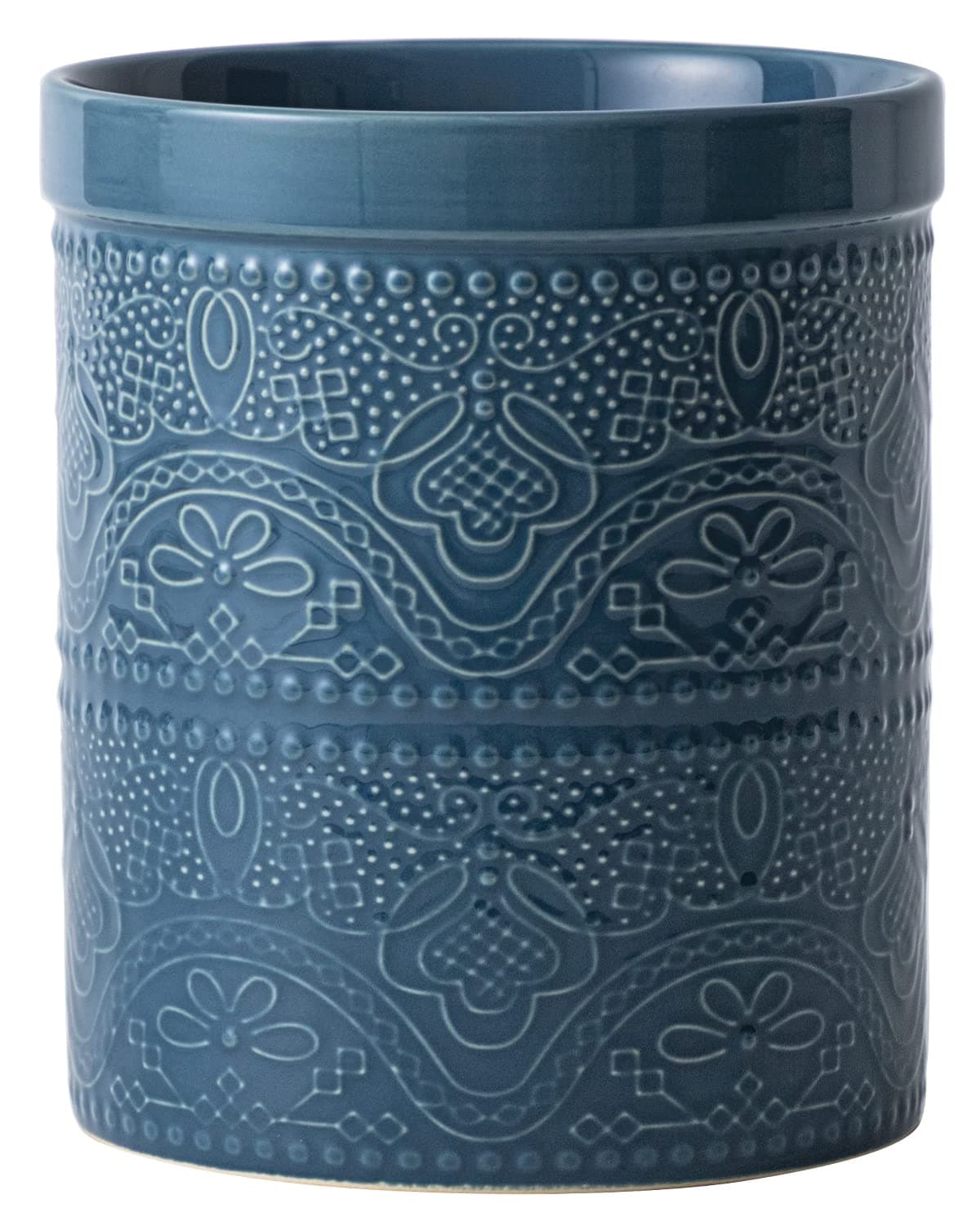 FE FUN ELEMENTS Kitchen Utensil Holder, 7.2" Super Large Utensil Crock Heavy and Stable Lace Emboss Ceramic Utensil Holder for Kitchen Counter (Grayish Blue)