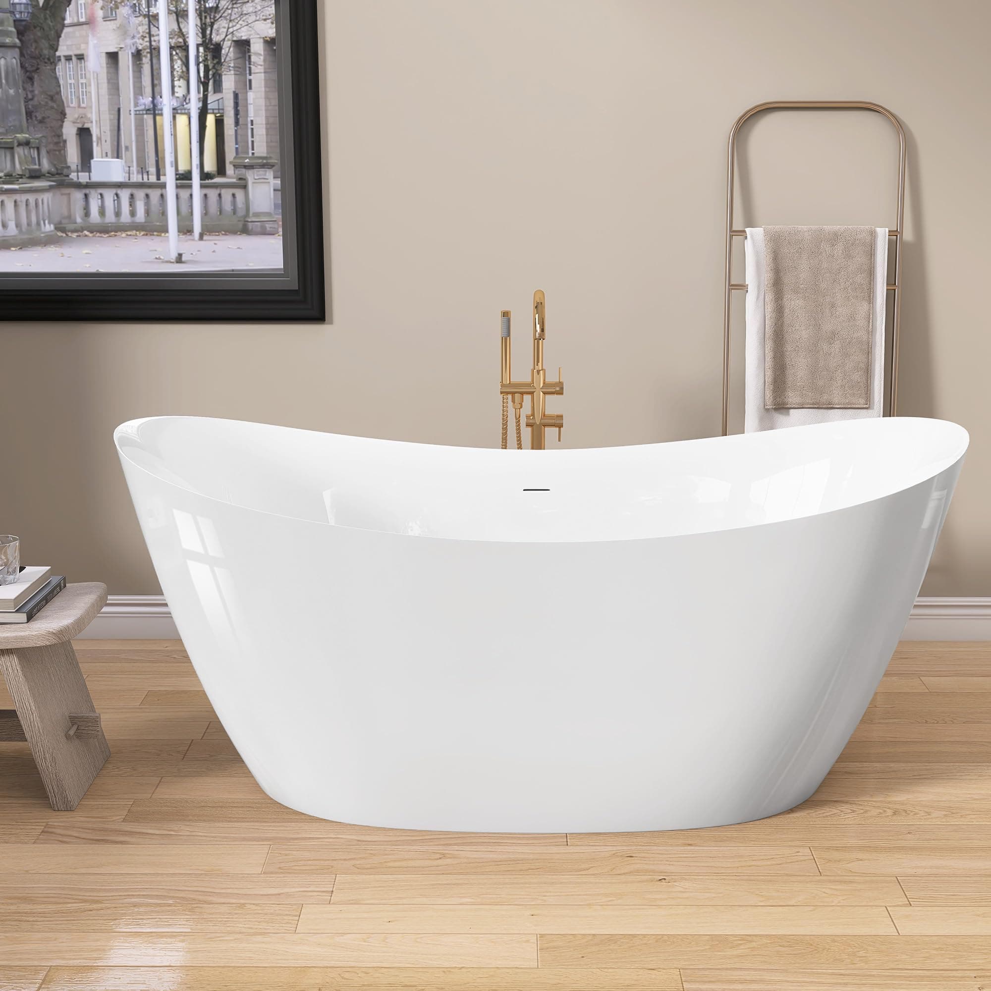 GETPRO Free Standing Tub 55" Deep Soaking Bath Tub Double Slipper Acrylic Freestanding Bathtub with Integrated Slotted Overflow and Removable Anti-clogging Drain Glossy White
