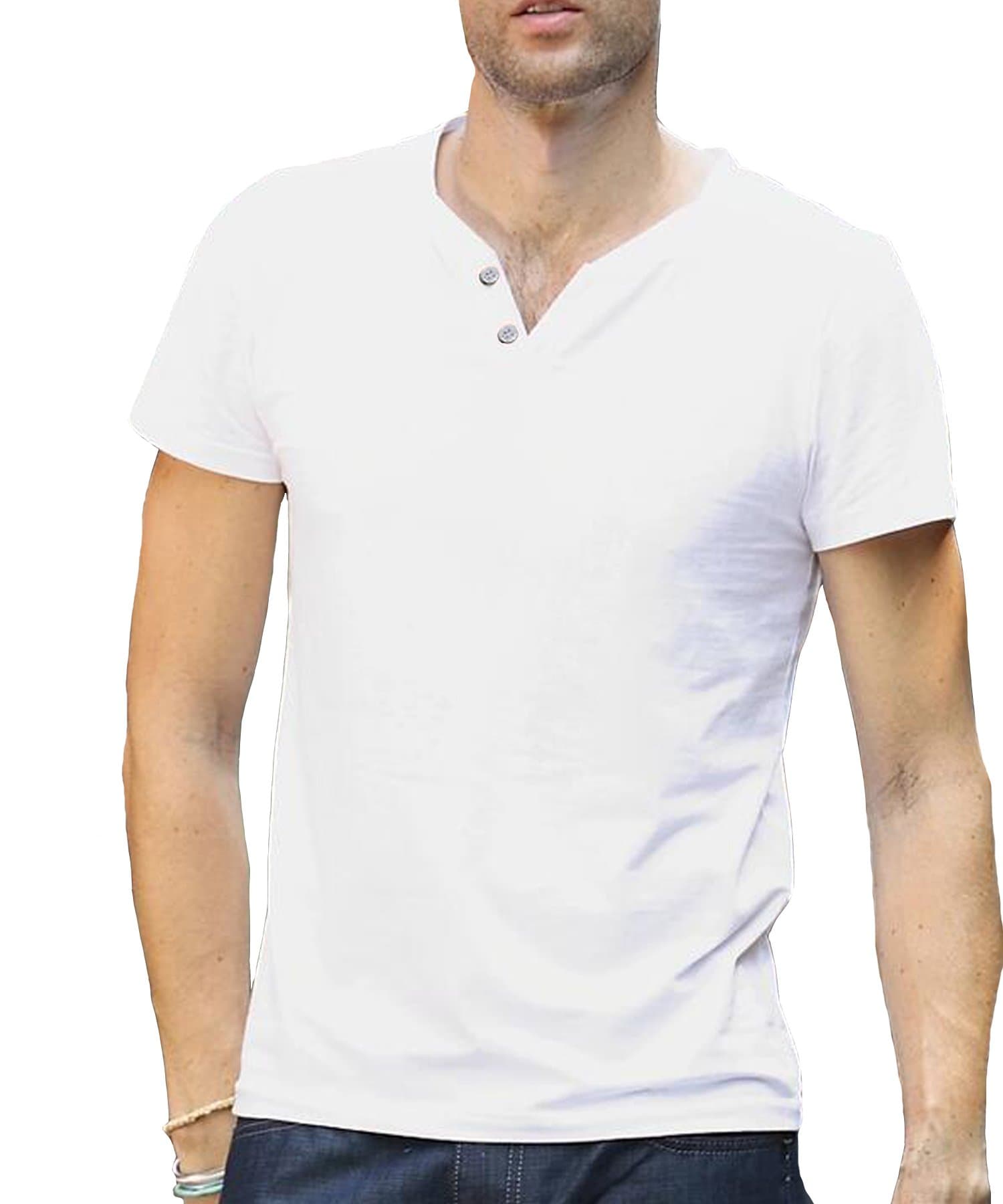 Holyrising Men T-Shirts Summer Casual V-Neck Button Short Sleeve Tees