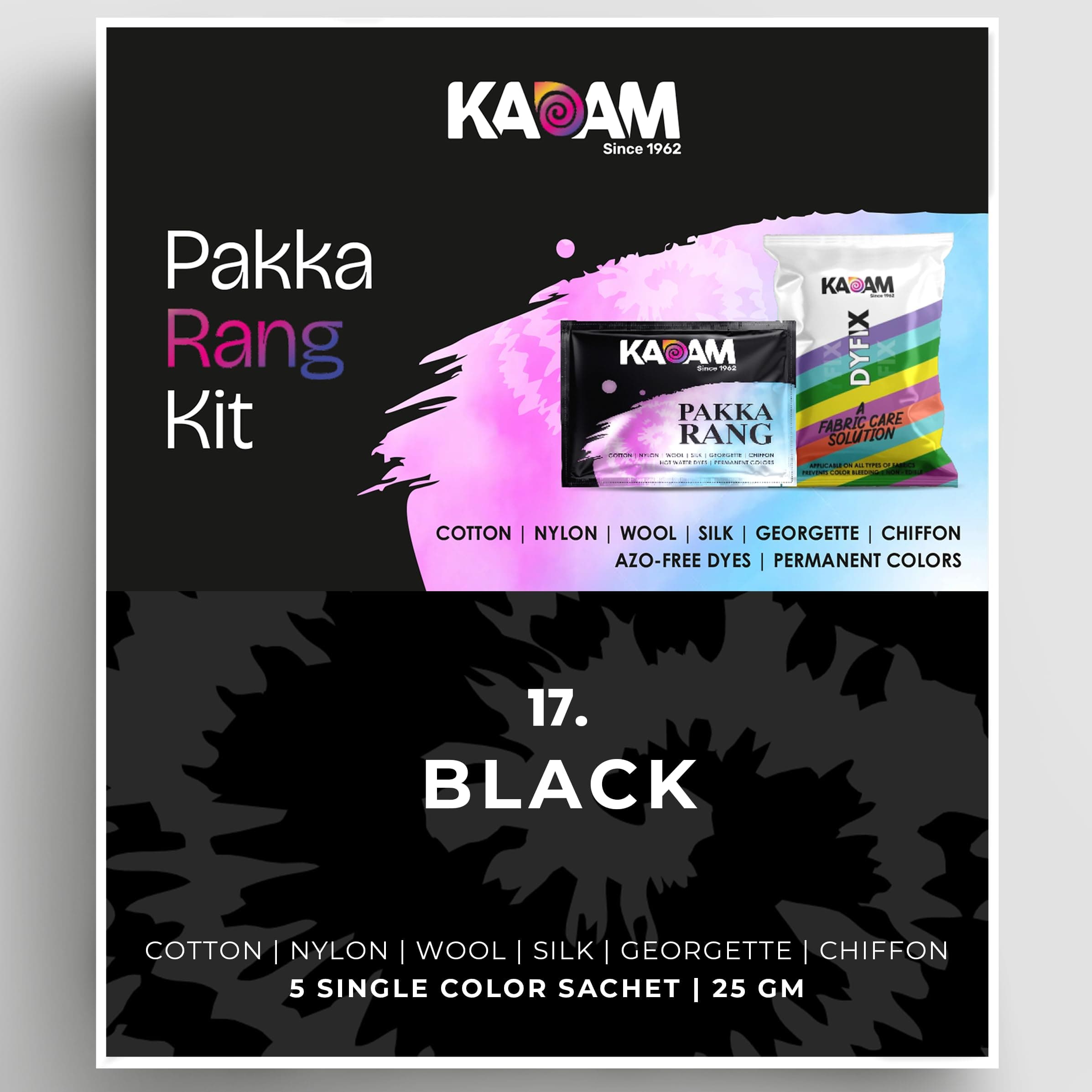 Kadam Pakka Rang Fabric Dye for Clothes Permanent, Cloth Dye Powder, Fabric Dye Clothes, Dye for Faded Jeans, 5 sachets of Shade 17 Black Colour & 5 sachets of DyFix Color Fixer