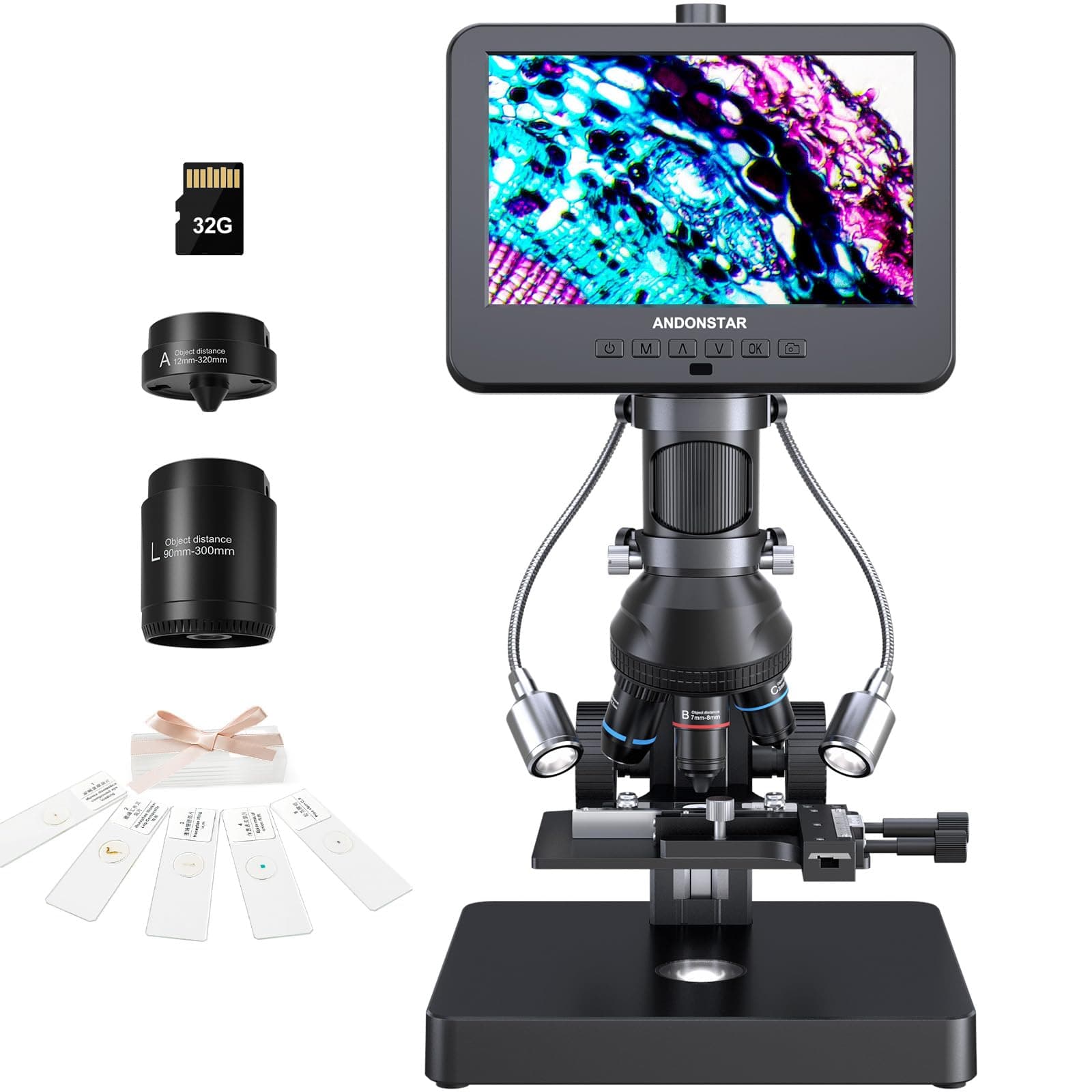 Andonstar AD266S 20X-5000X HDMI Digital Microscope, 5 Lens 2160P UHD Video Record, 7'' LCD Microscope for Adults Kids, Home Lab Biological Kit with Slides, Coin Full View