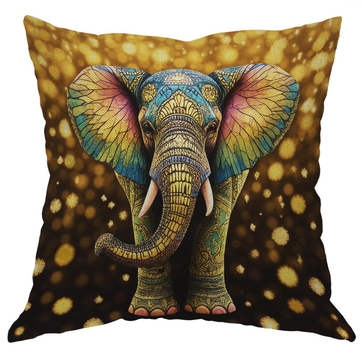 Moslion Elephant Pillow Case Aztec Gold Elephant with Gold Rain Shine Flicker Glow Jewelry Stones Light Throw Pillow Case 18" x 18" Inch Cotton Linen Cushion Cover for Men Women Black