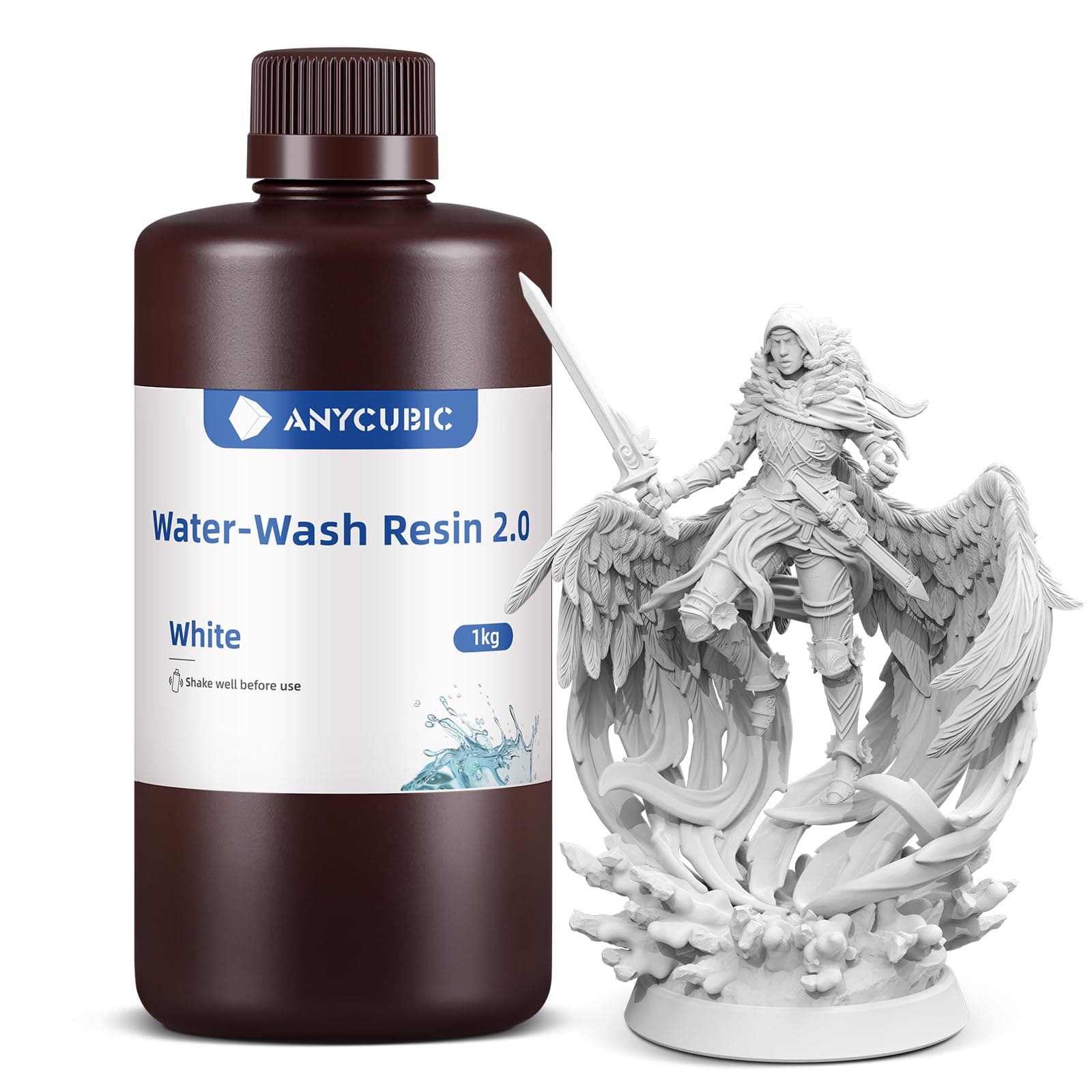 ANYCUBIC 3D Printer Resin, Water Washable Resin 2.0, No Need Extra Alcohol and Easy to Clean, Fast Curing, Low Odor, Wide Compatibility for All LCD Resin 3D Printers (White, 1kg)