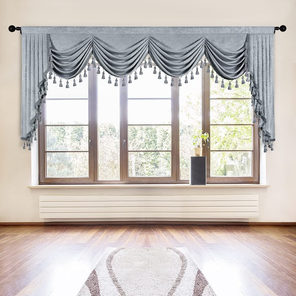 ELKCA Thick Chenille Window Curtains Valance for Living Room Silver Grey Waterfall Valance for Bedroom,Rod Pocket (W118inch, 1 Panel)