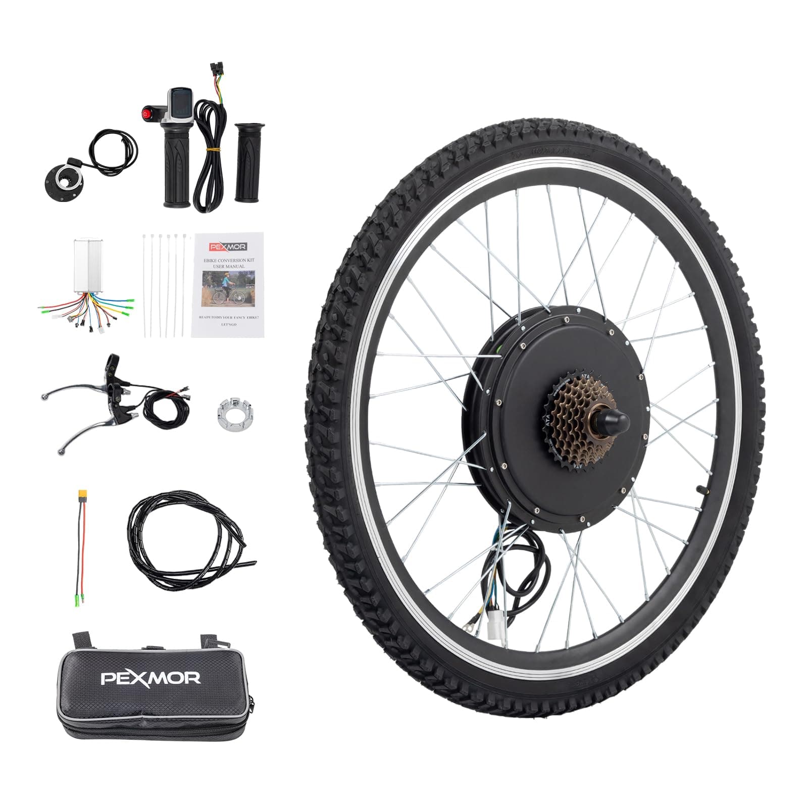 PEXMOR Electric Bike Conversion Kit, 48V 1000W/1500W 26" E-Bike Hub Motor Wheel Kit, Upgrade 3 Mode Controller w/PAS/Twist Throttle with Battery Indicator Ebike Bicycle Wheel Kit