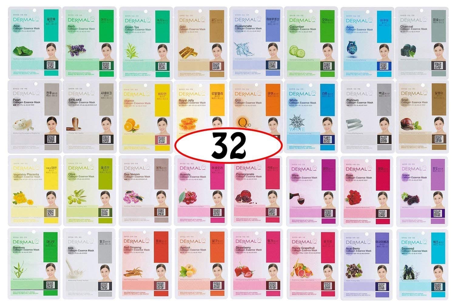 DERMAL Korean Collagen Face Mask 32 Combo Pack A+B Set – Hydrating & Soothing Sheet Mask with Panthenol, Hypoallergenic Calming Moisture Care for All Skin Types