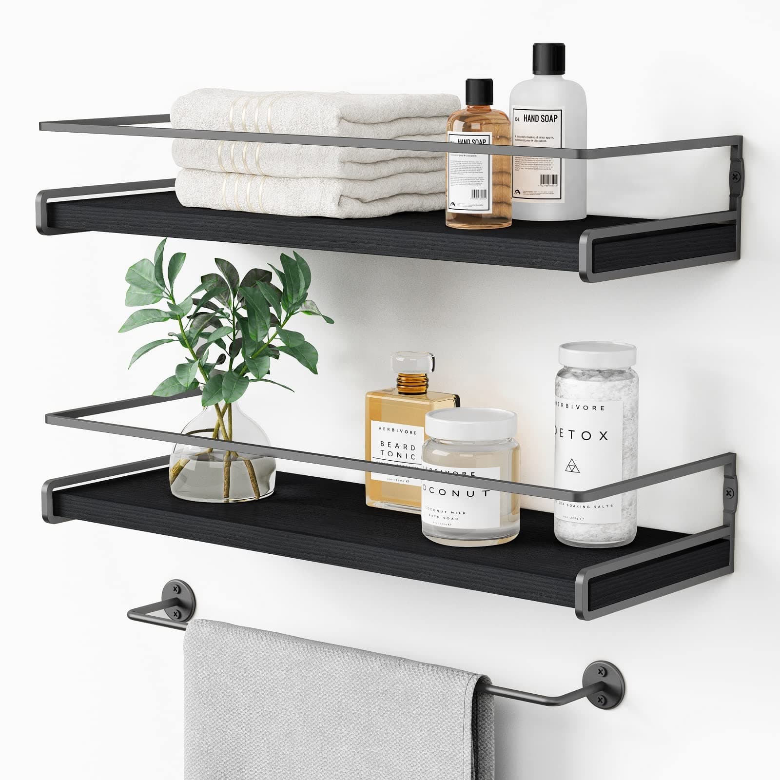 Black Floating Shelves for Bathroom Wall Set of 2, Kitchen Spice Rack Wall Mount, Modern Wood Hanging Wall Shelves for Bedroom Organizer, Restroom Pantry Closet Storage (Grey-Black)
