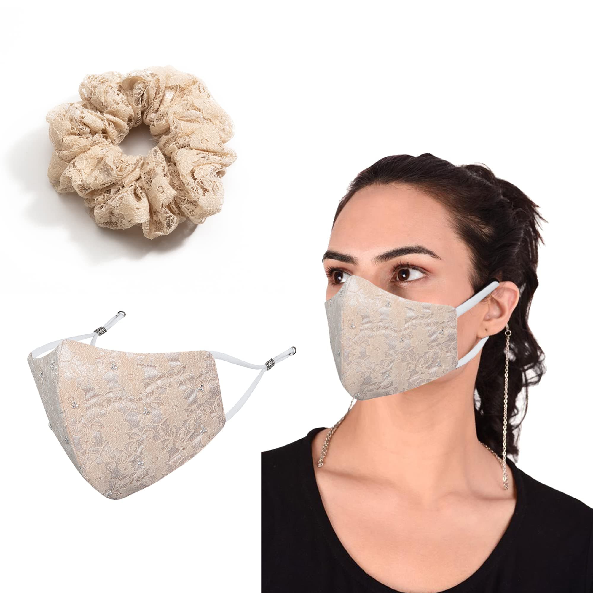 MASQ by Q-One Embroidered, Handmade, Scrunchie & 4 Layer Cotton Cloth Face Mask Combo with Detachable Chain for Women (Pack of 2)