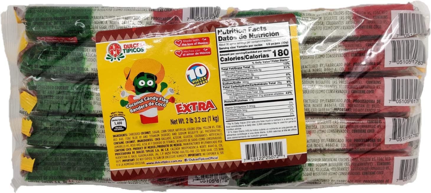Banderitas de Coco - Coconut Candy Bar Mexican Candy 20 Pieces 1 Lb