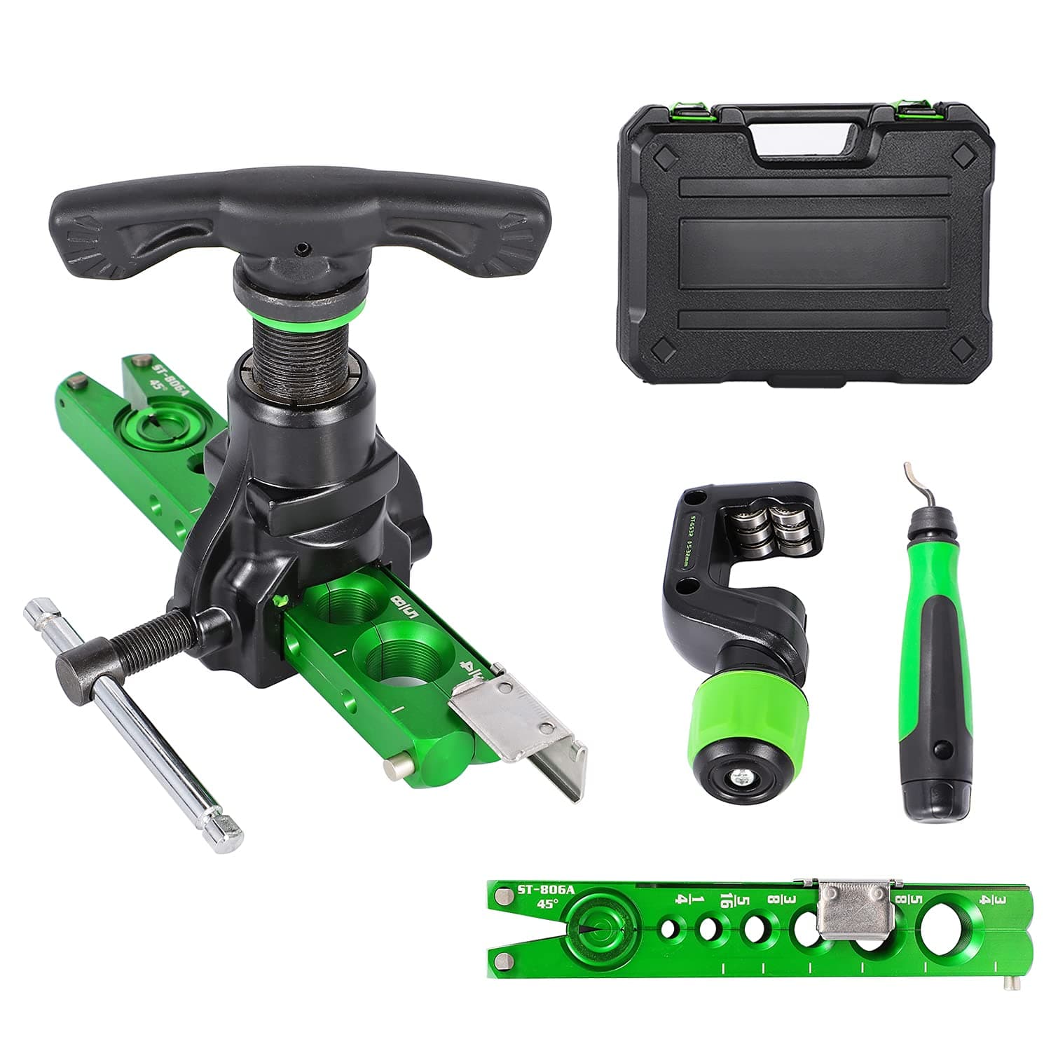 Bonvoisin Flaring Tool Kit 1/4”-3/4” HVAC Single Flare Tool 45° 45° Eccentric Tube Flaring Tool with Pipe Cutter for Copper Aluminum Tubing (5 in 1 Kit)