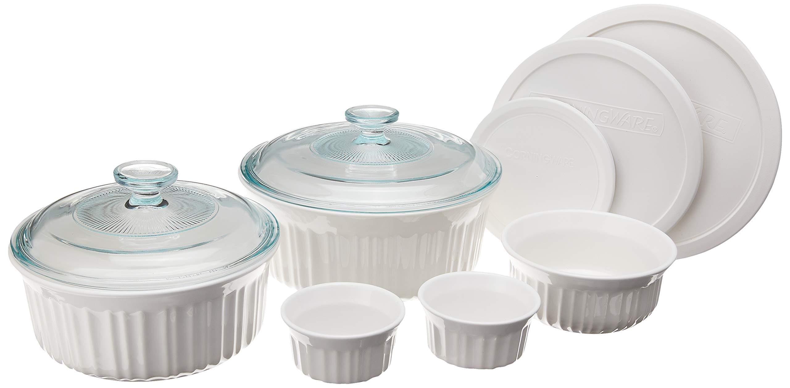 CorningWare French White 10-Pc Ceramic Bakeware Set with Lids Chip and Crack Resistant Stoneware Baking Dish, Microwave, Dishwasher, Oven, Freezer and Fridge Safe