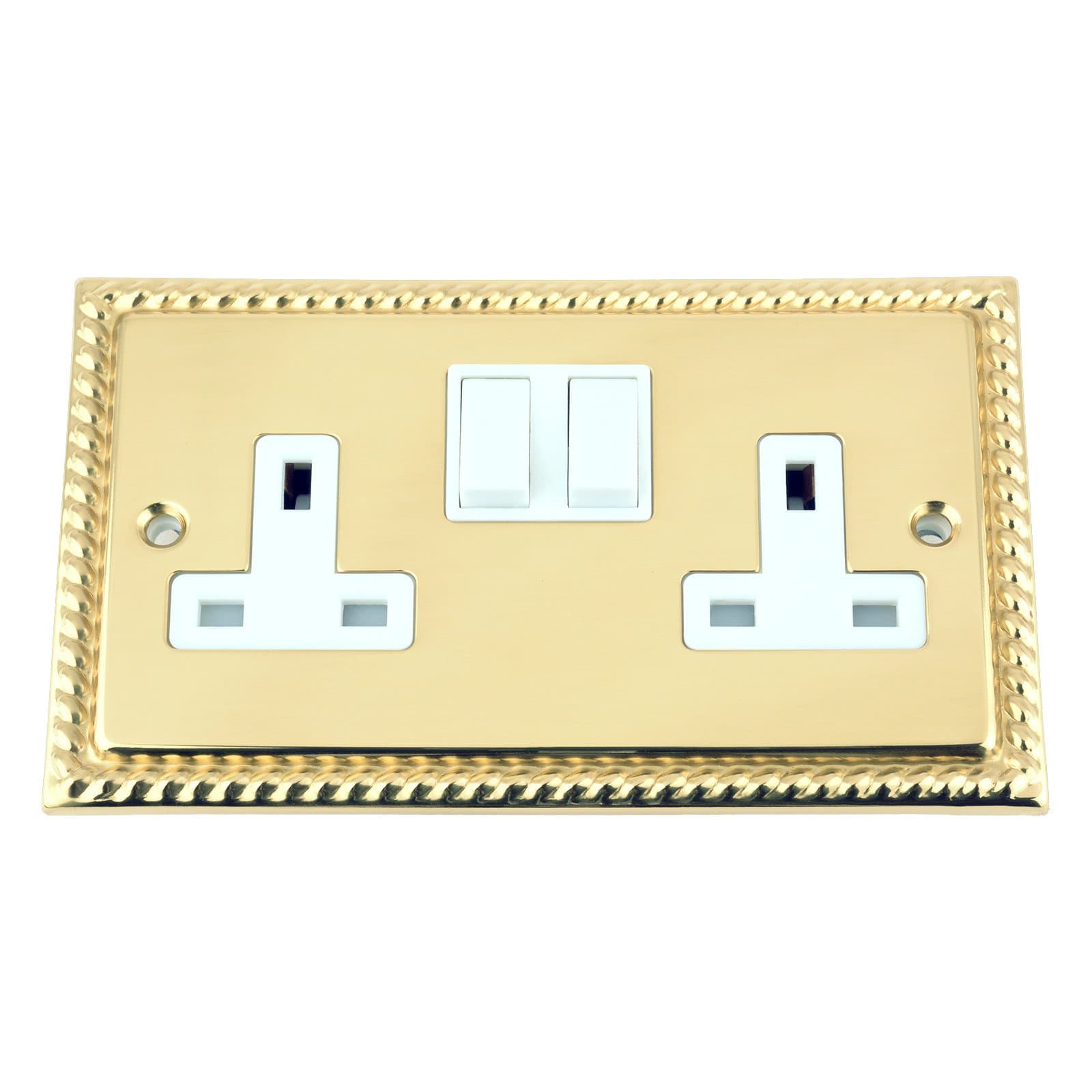 A5 Products Socket 2 Gang - Polished Brass Georgian - White Insert Plastic Switch - 13A Double Wall Plug Socket