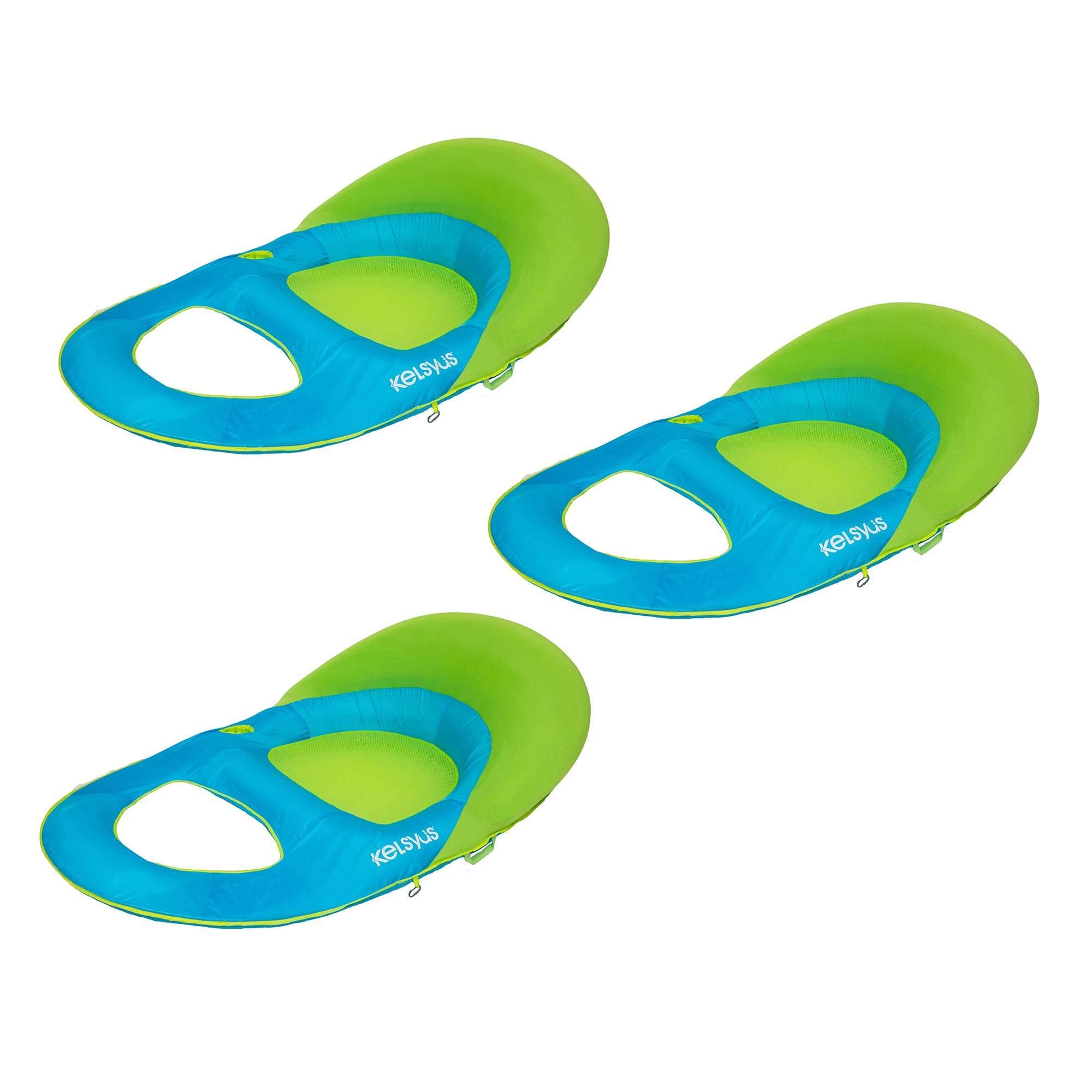 Kelsyus Deluxe 3-Pack Inflatable Mesh Floating Lounger w/Cup Holder, Green/Blue