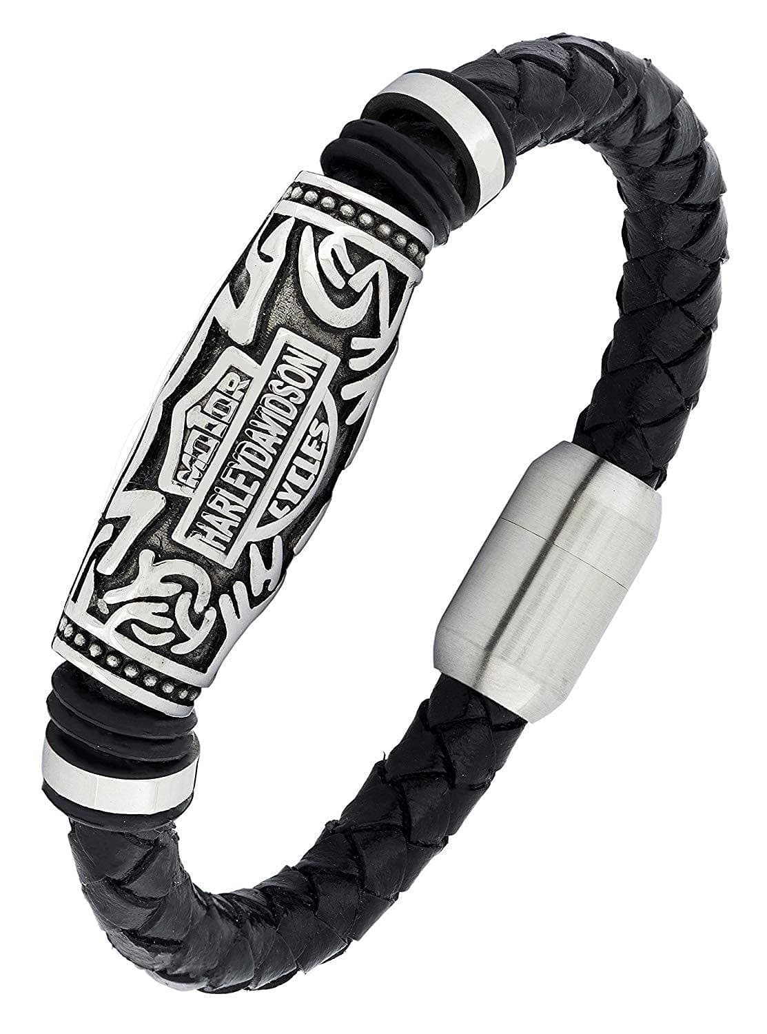 ZIVOM® Biker Harley 100% Genuine Handmade Soft Durable Black Leather Stainless Steel Wrist Band Bracelet Stylish Men