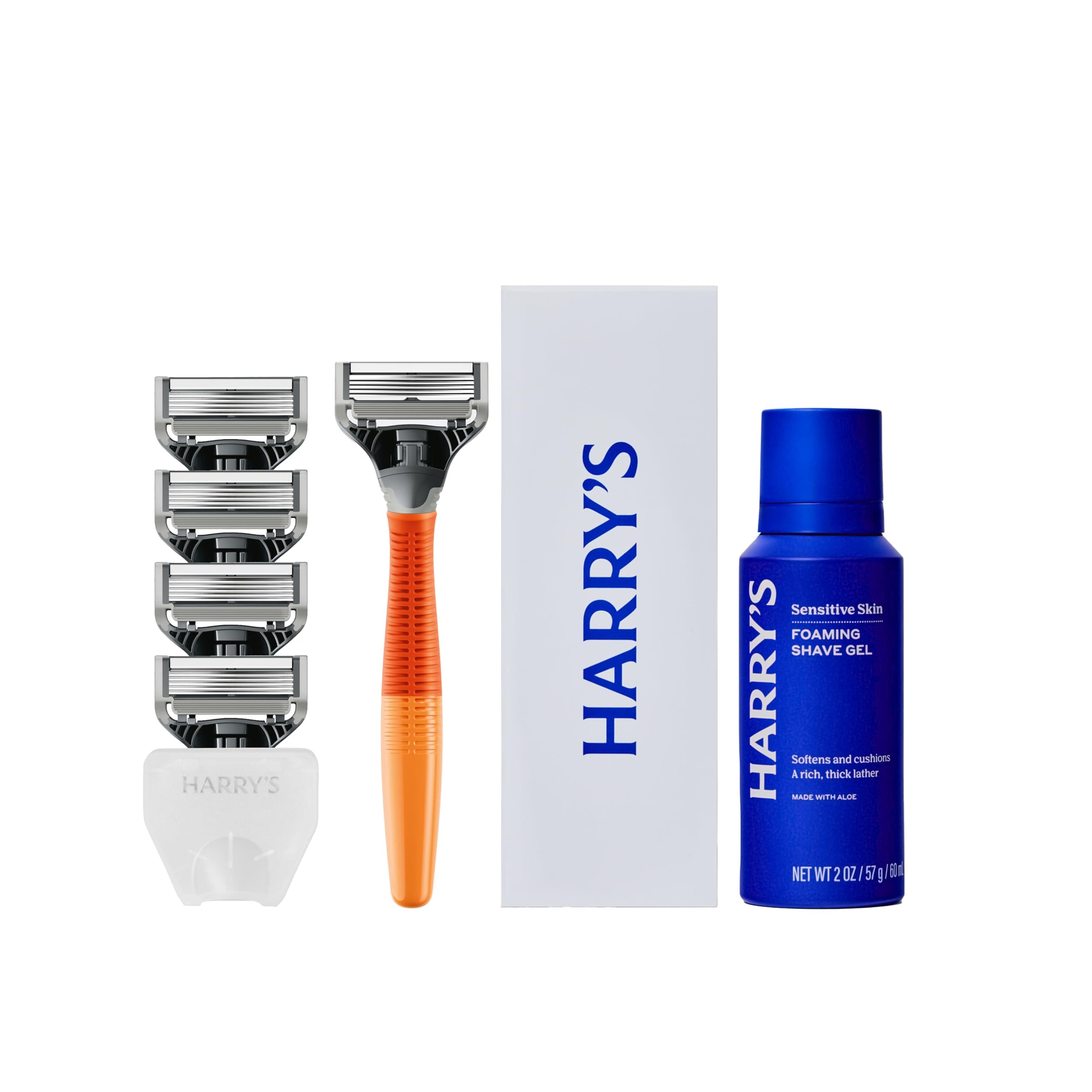Harry's Original Shaving Kit for Men - Razor Handle, 5 Razor Blade Refills, Foaming Shave Gel, and Travel Blade Cover - TSA Approved Travel Essentials - German Engineered - Ember