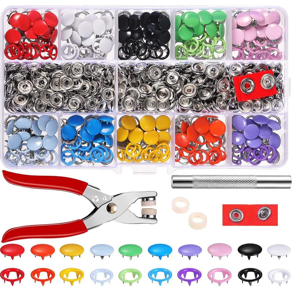 Set of 200 Hollow Fixed Snap Fasteners Set Metal Ring Button Poppers for Baby Children's Clothing Sewing Craft 9.5 mm 10 Colours