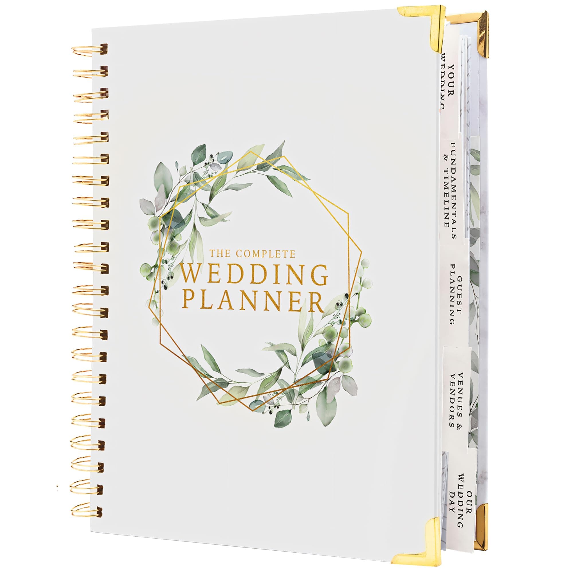 Wedding Planner Organizer | Engagement Diary Gift Book | Bride To Be Countdown Calendar - Green Gold and White