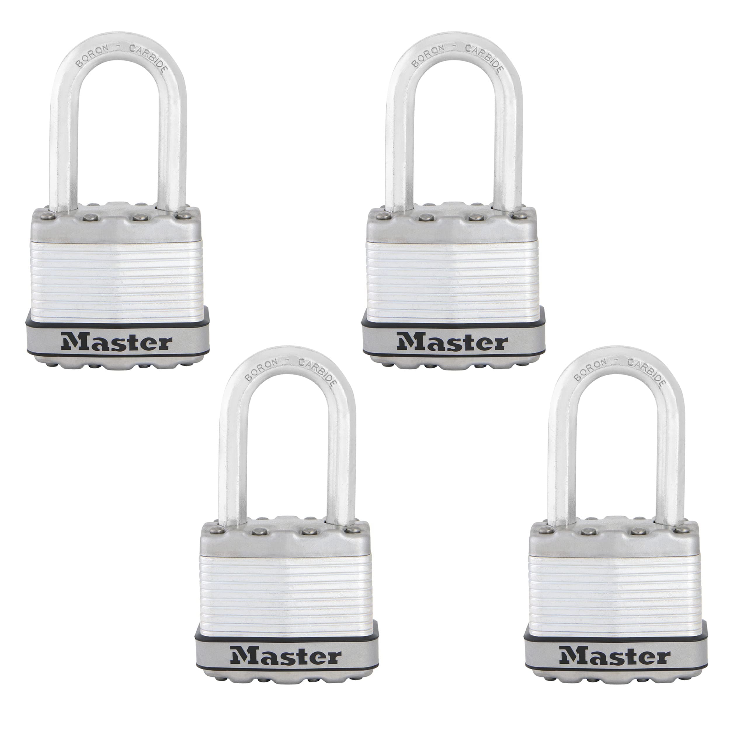 Master Lock Silver Magnum Outdoor Padlock with Key, Keyed Alike Gate Locks for Outdoor Fence or Shed with Long Shackle, 4 Pack, M1XQLFCCSEN