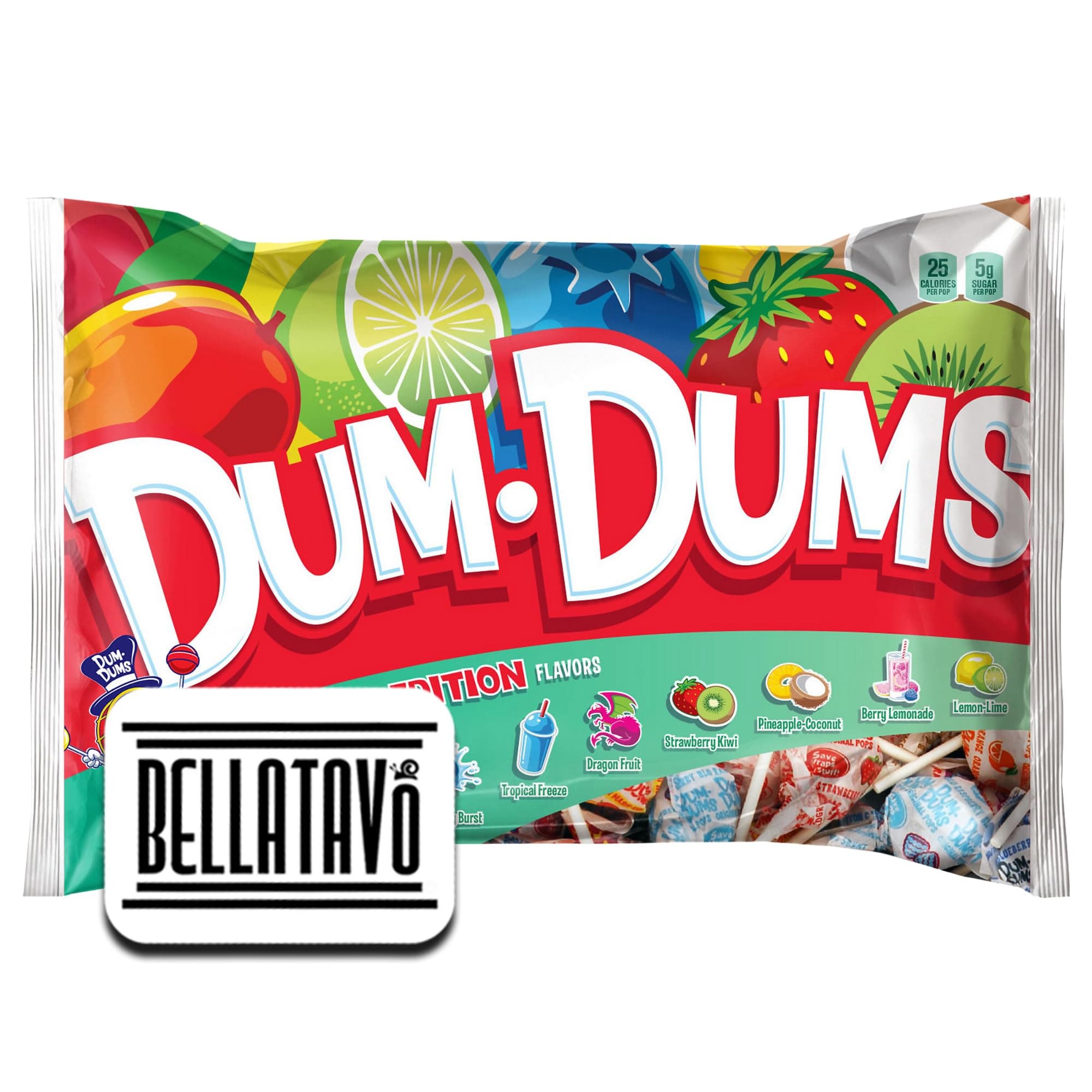 Tropical Lollipops Bundle. Includes One-10.4 Oz Bags of Dum-Dums Limited Edition Lollipops. Comes with Individually Wrapped Lollipops in 8 Delicious Fruit Flavors Plus a BELLATAVO Fridge Magnet!